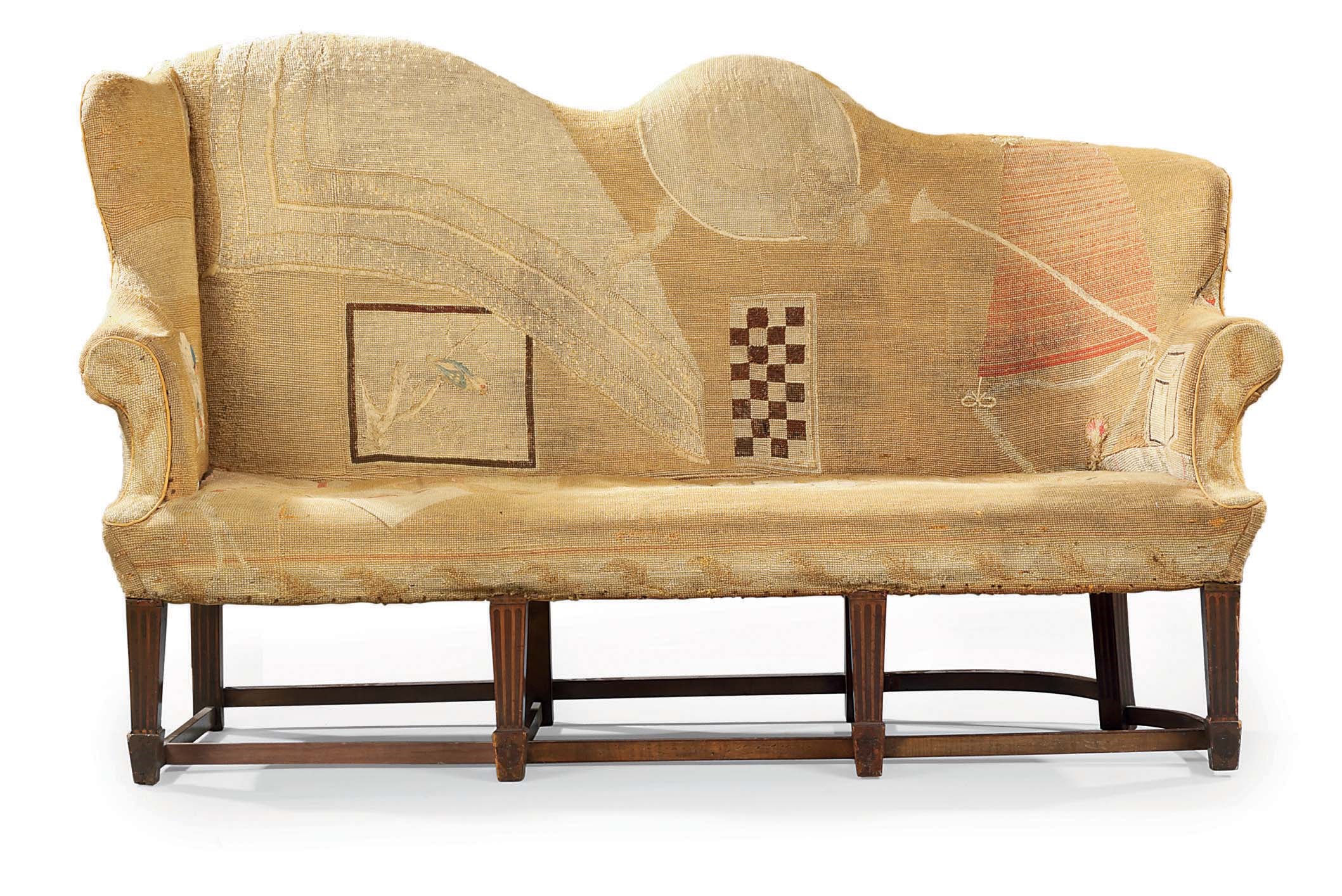 A GEORGE III MAHOGANY, SYCAMORE AND MARQUETRY SETTEE OF UNUSUAL FORM