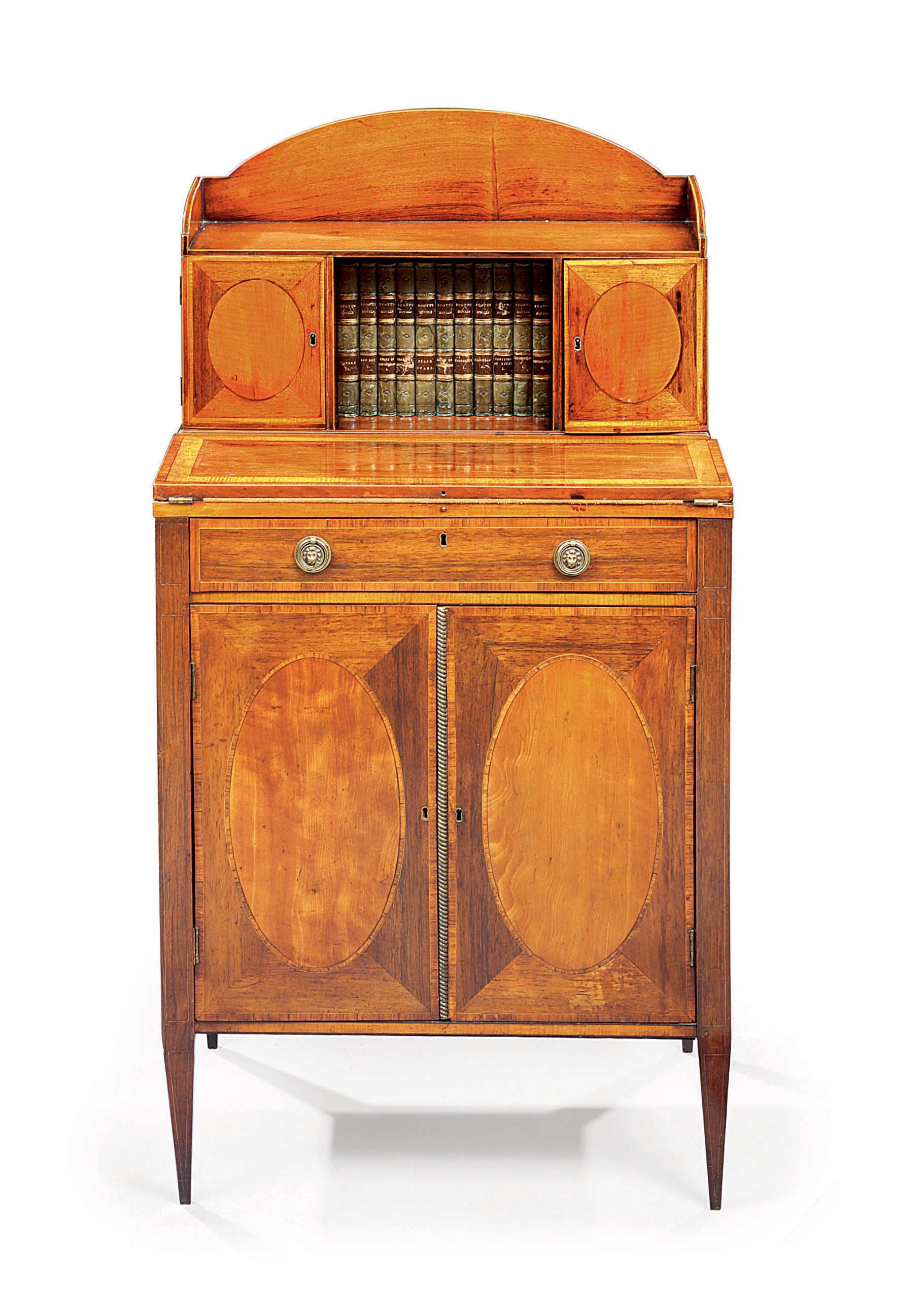 A GEORGE III ROSEWOOD SATINWOOD AND MARQUETRY BONHEUR-DU-JOUR