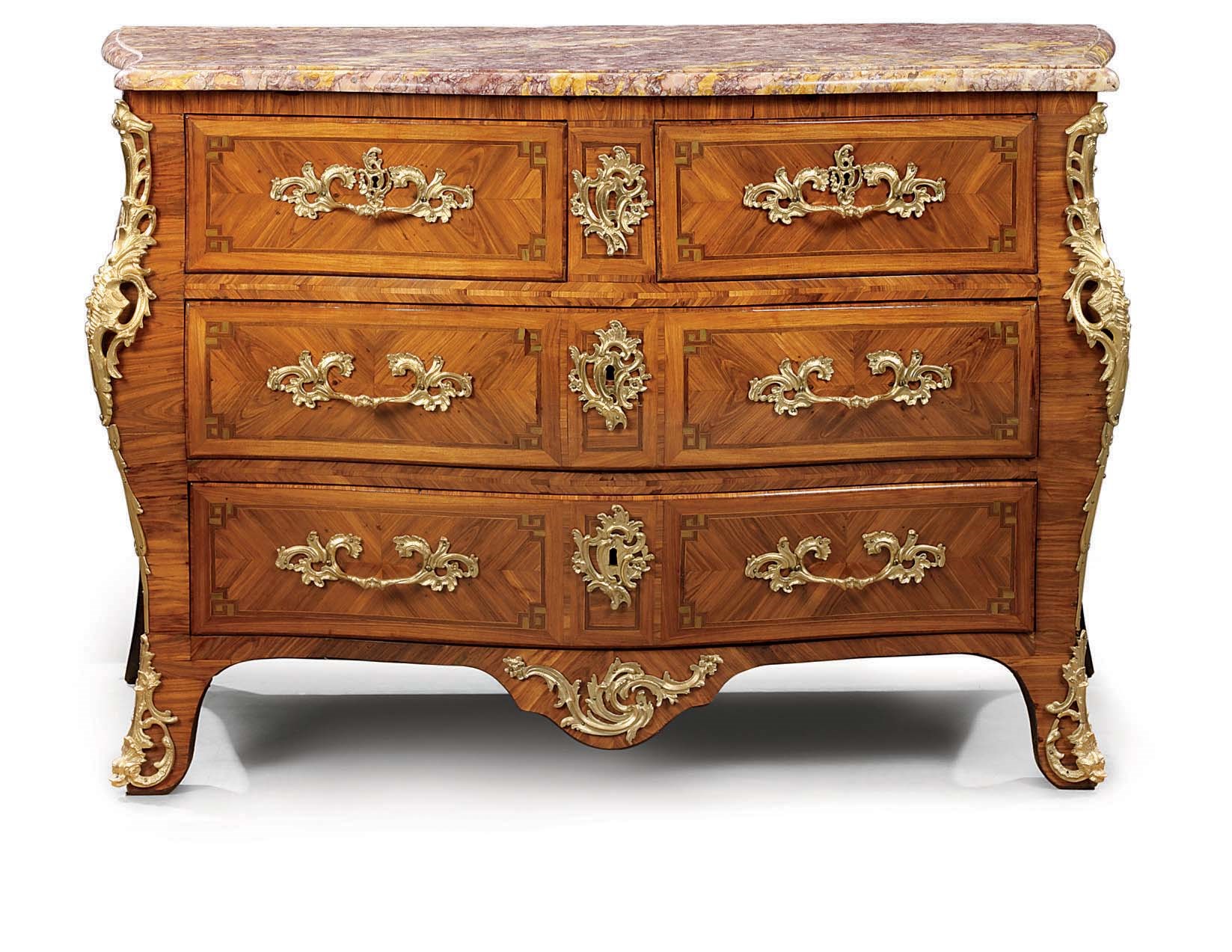 A LOUIS XV ORMOLU-MOUNTED TULIPWOOD, AMARANTH AND ROSEWOOD COMMODE