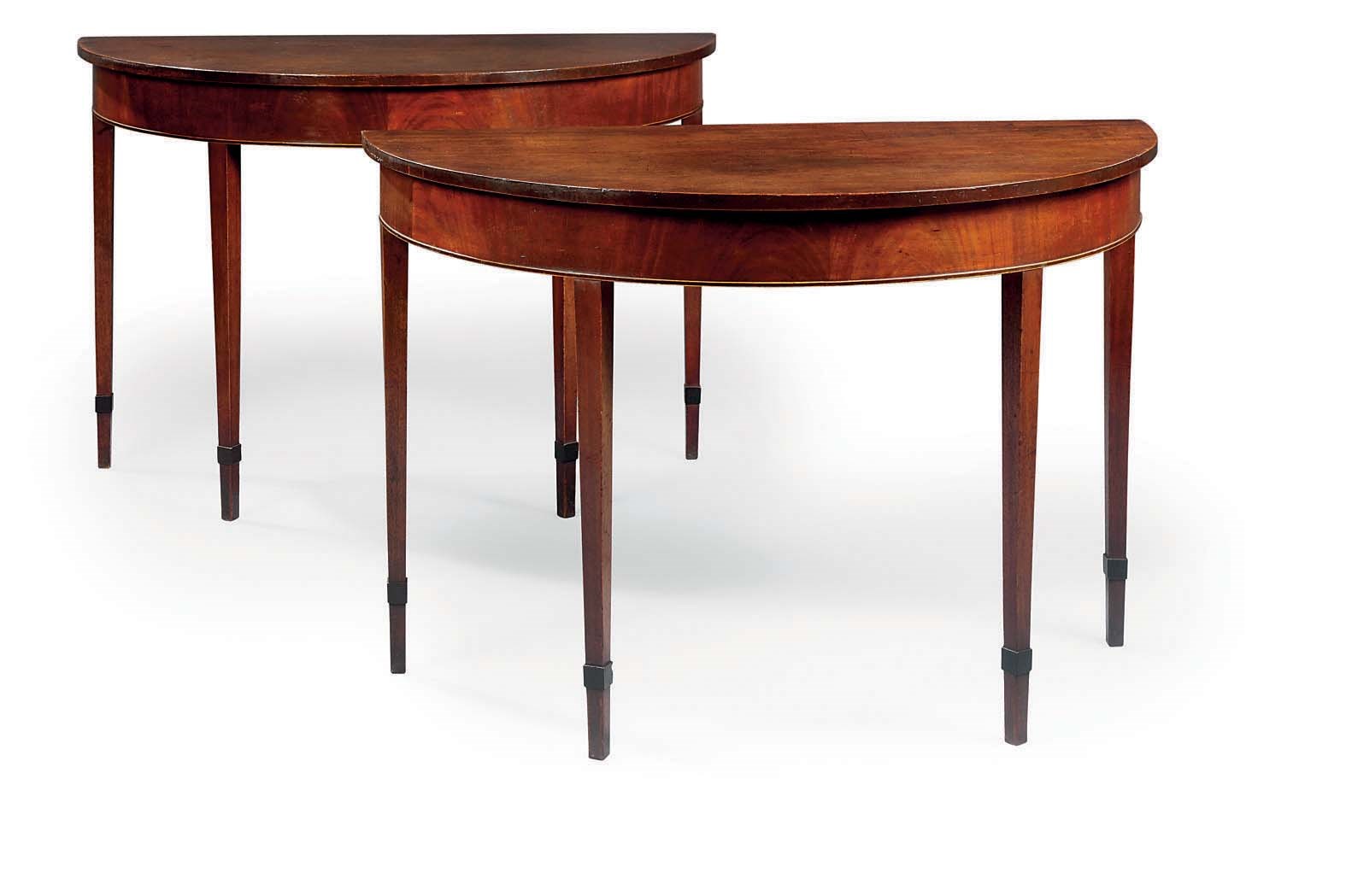 A PAIR OF GEORGE III MAHOGANY DEMI-LUNE PIER TABLES