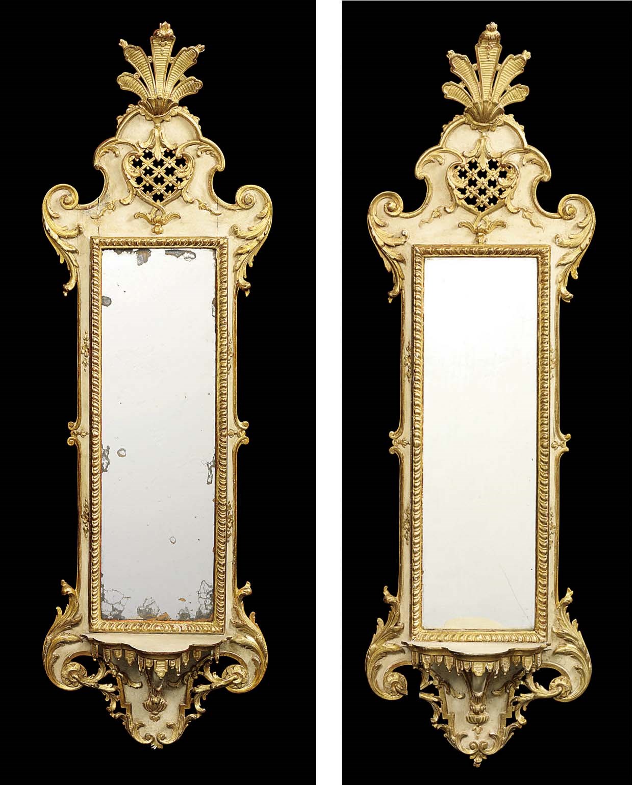 A PAIR OF SOUTH GERMAN CREAM-PAINTED AND PARCEL-GILT GIRANDOLE MIRRORS