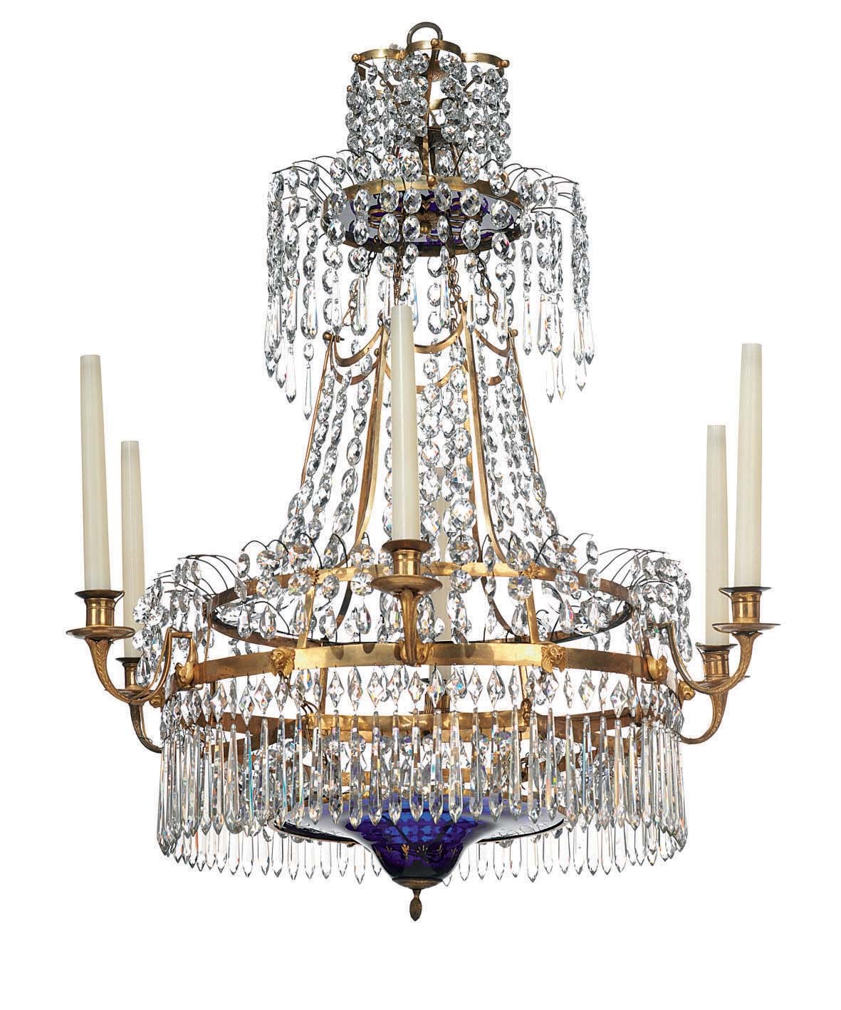 A SWEDISH ORMOLU CUT AND BLUE GLASS SIX-LIGHT CHANDELIER