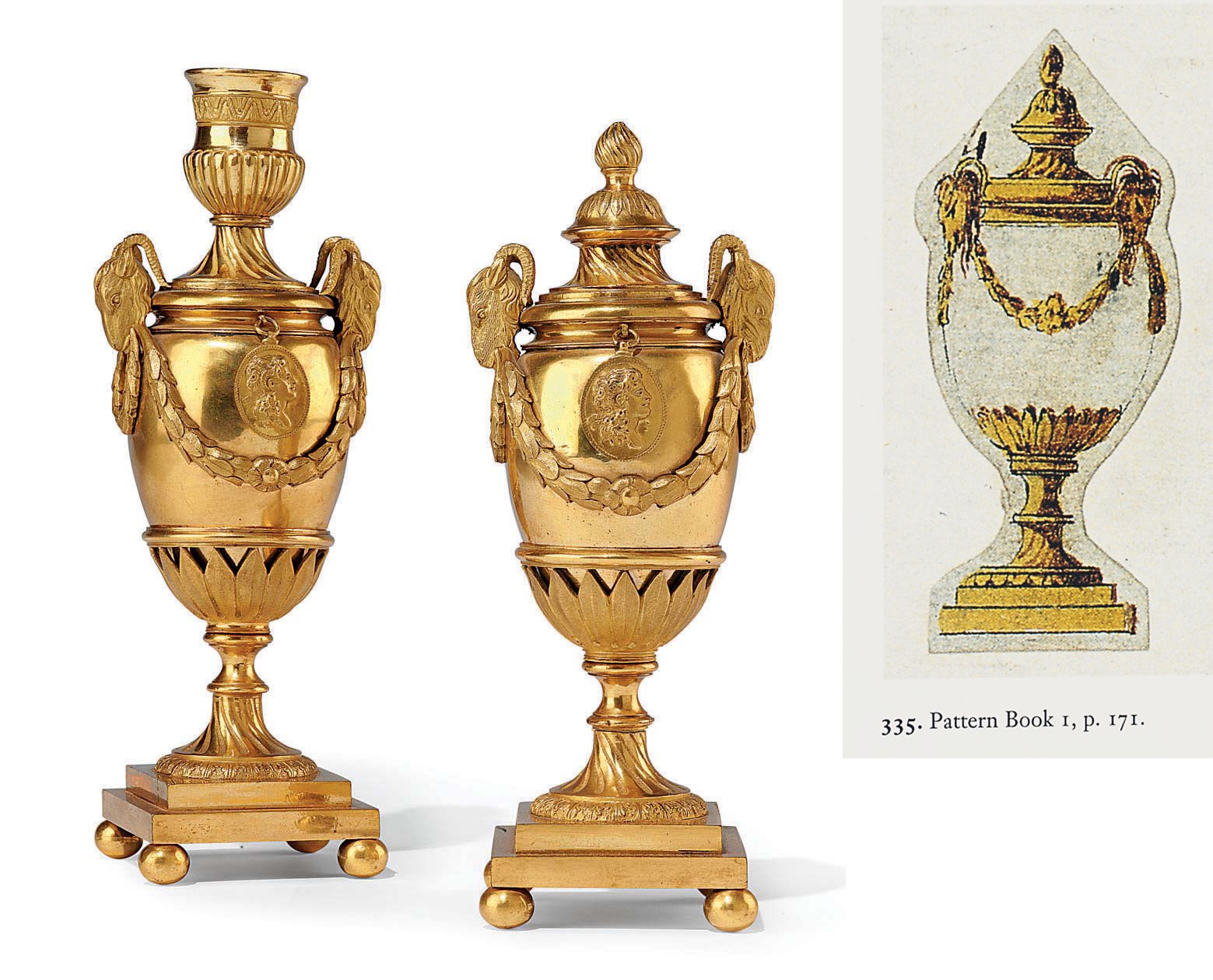 A PAIR OF GEORGE III GILT-COPPER 'GOAT'S HEAD' CANDLE-VASES