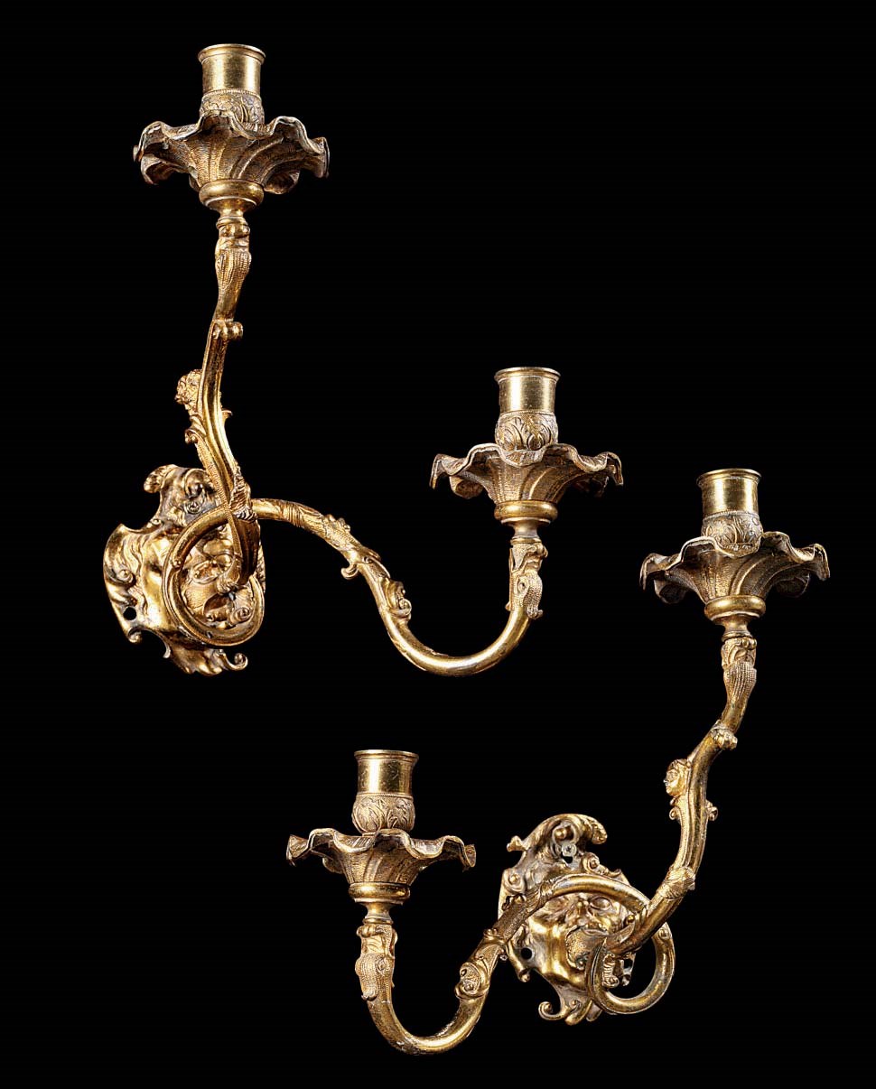 A PAIR OF GERMAN ORMOLU TWIN-LIGHT APPLIQUES