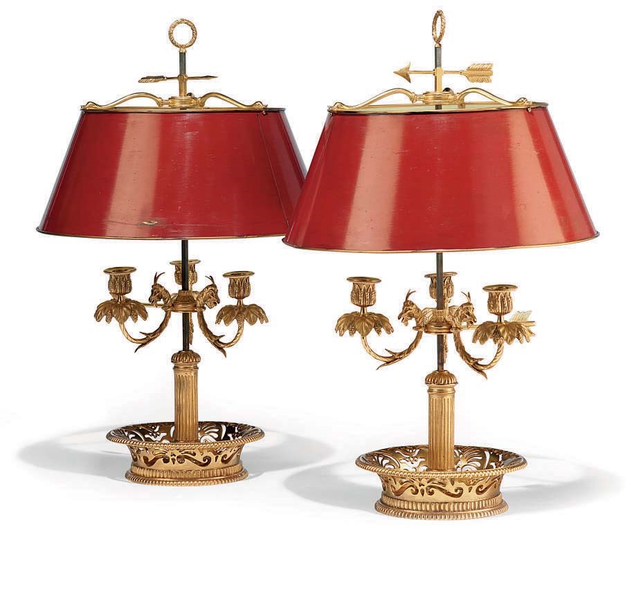 A PAIR OF FRENCH ORMOLU AND RED TOLE LAMPES BOUILLOTTES