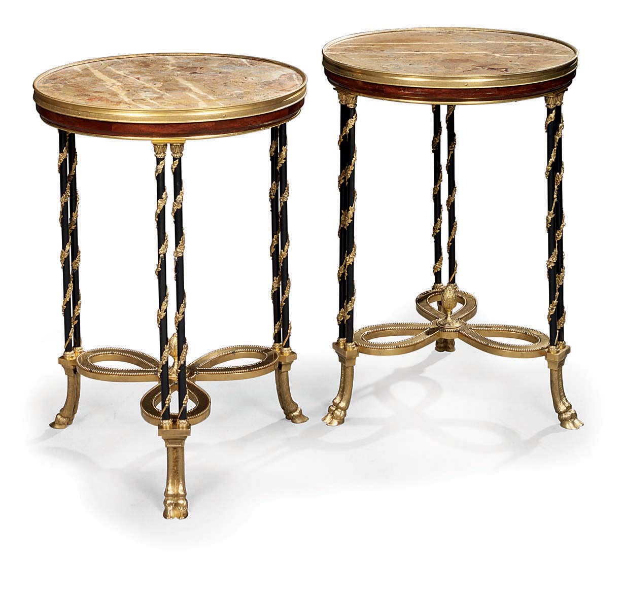 A PAIR OF ORMOLU, PATINATED BRONZE AND MARBLE GUERIDONS