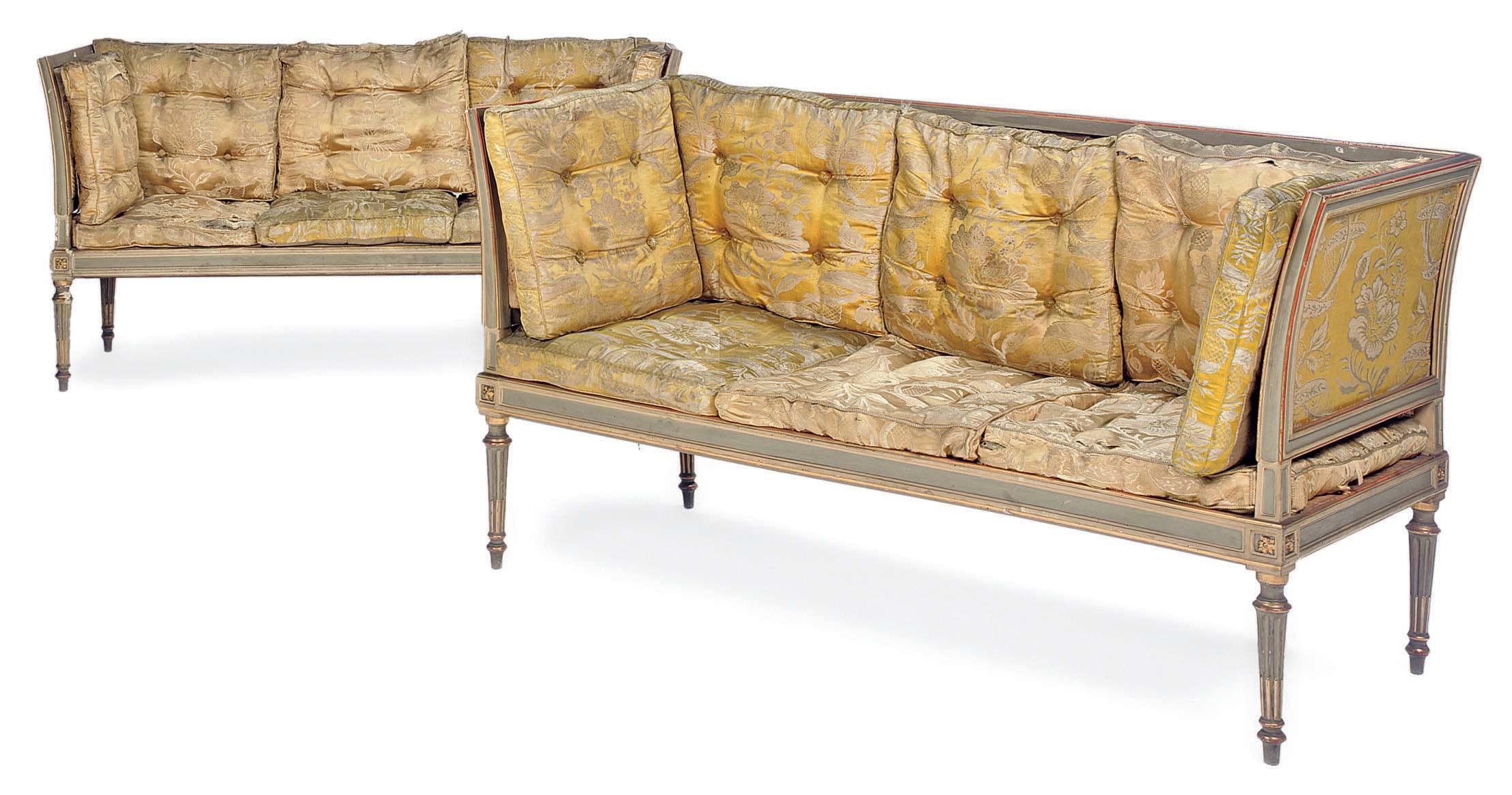 A PAIR OF ITALIAN PARCEL-GILT, BLUE AND WHITE-PAINTED SOFAS