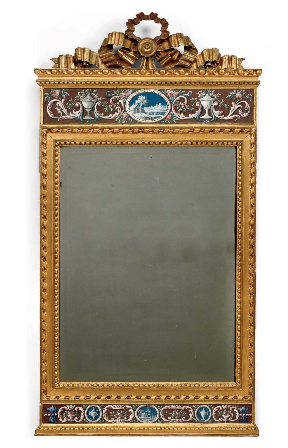 A BALTIC GILTWOOD AND GOUACHE WATERCOLOUR MIRROR
