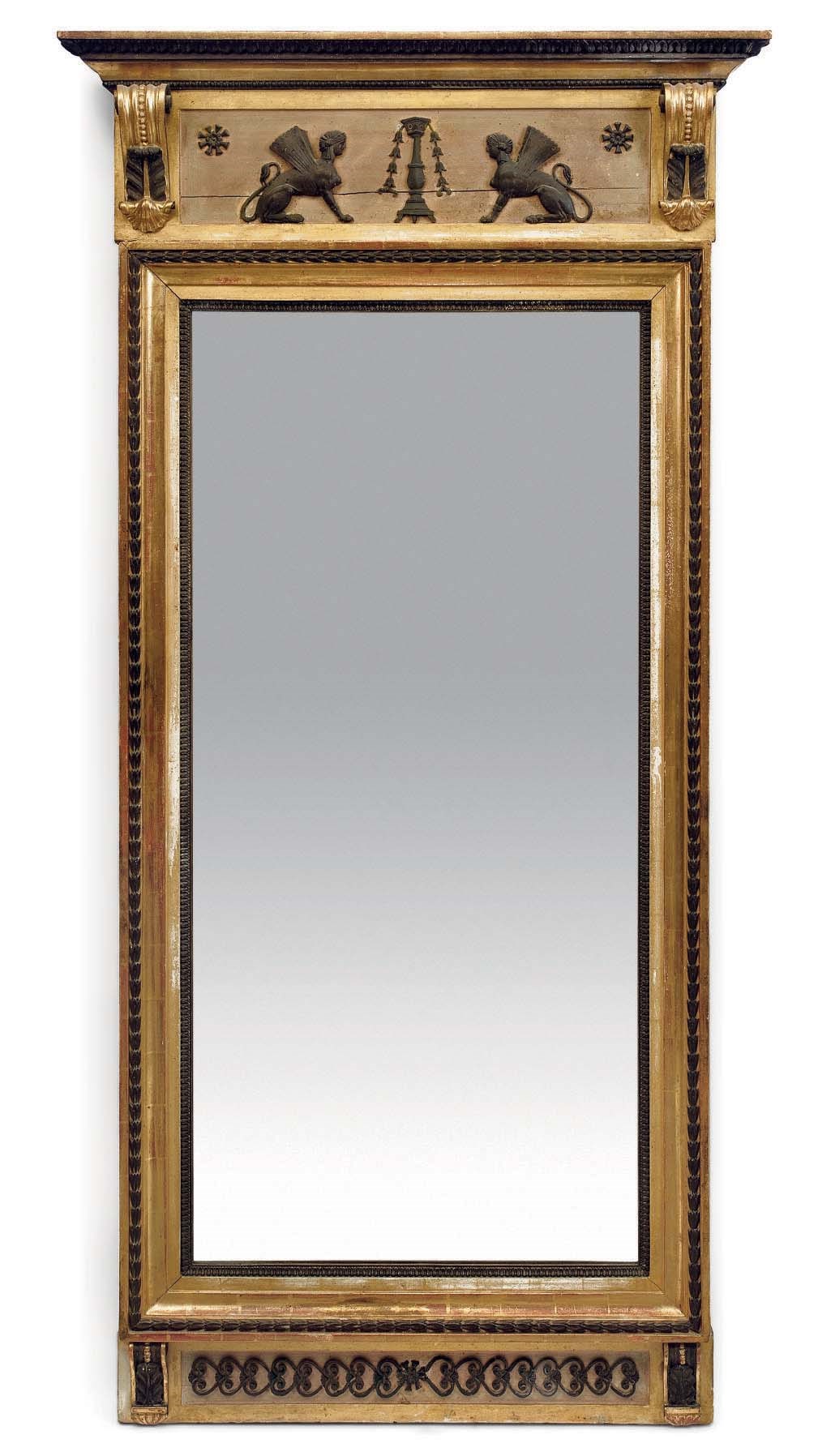 A SWEDISH BRONZED AND GILTWOOD MIRROR