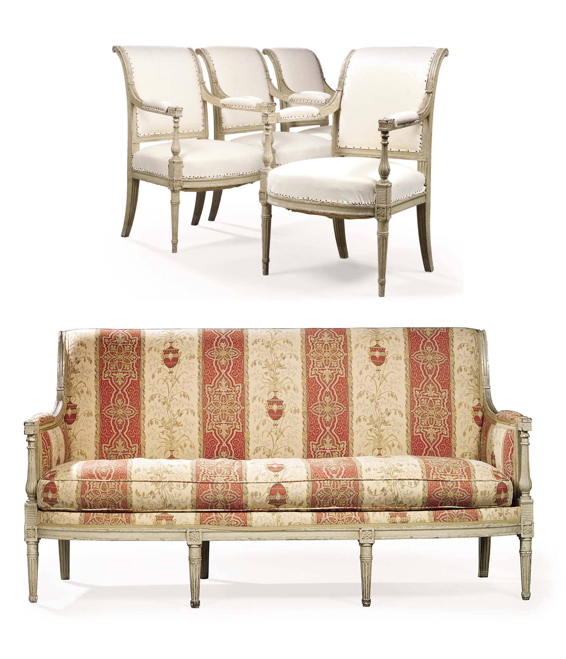 A SUITE OF LOUIS XVI WHITE PAINTED SEAT FURNITURE