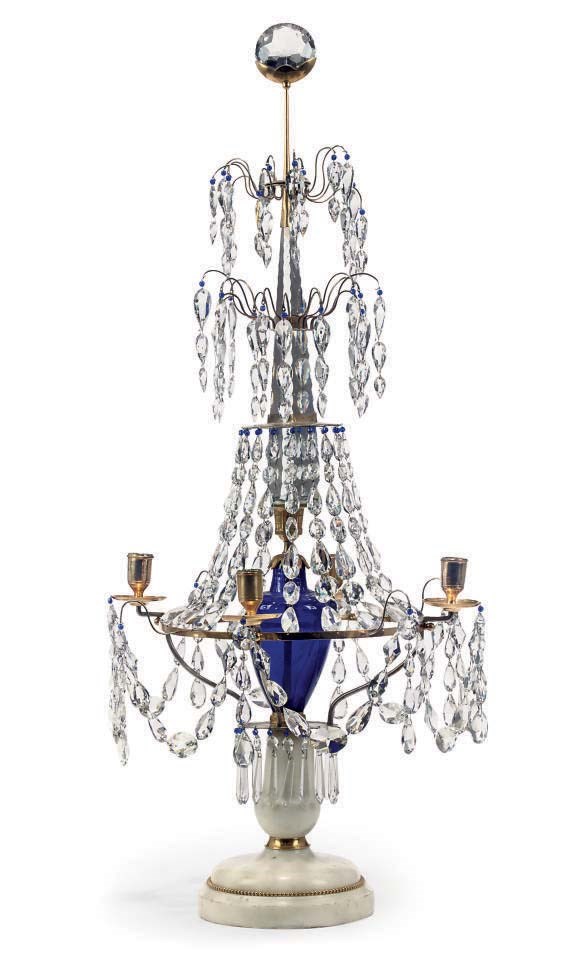 A BALTIC ORMOLU, WHITE MARBLE, COBALT-BLUE AND CUT-GLASS CANDELABRUM