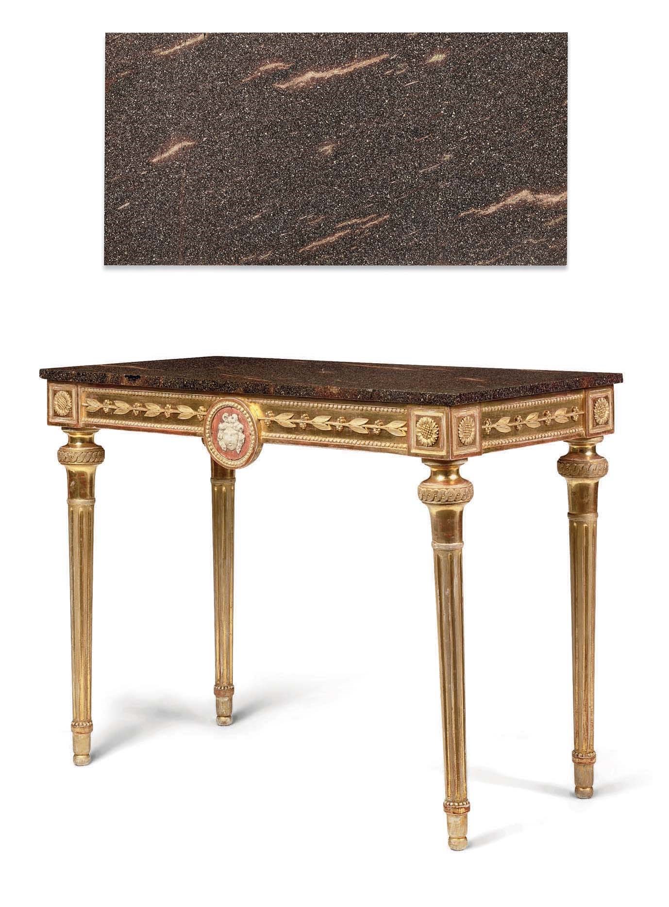 A SWEDISH GILTWOOD AND PORPHYRY CONSOLE TABLE