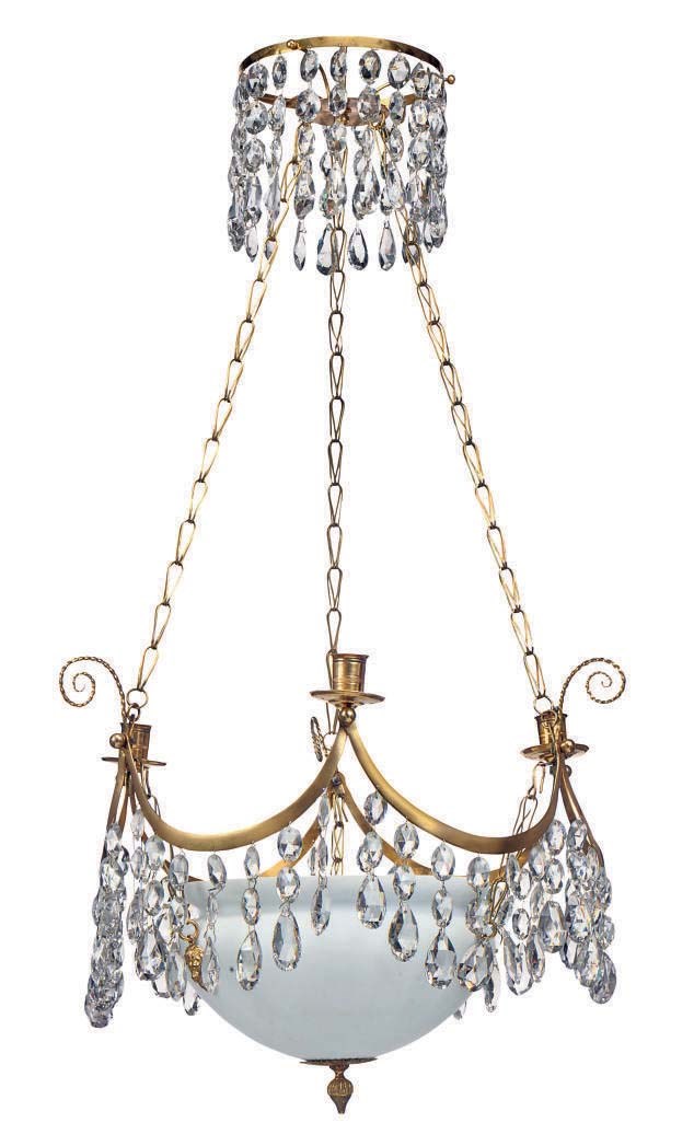 A SWEDISH ORMOLU, OPALINE AND CUT-GLASS THREE-LIGHT LANTERN