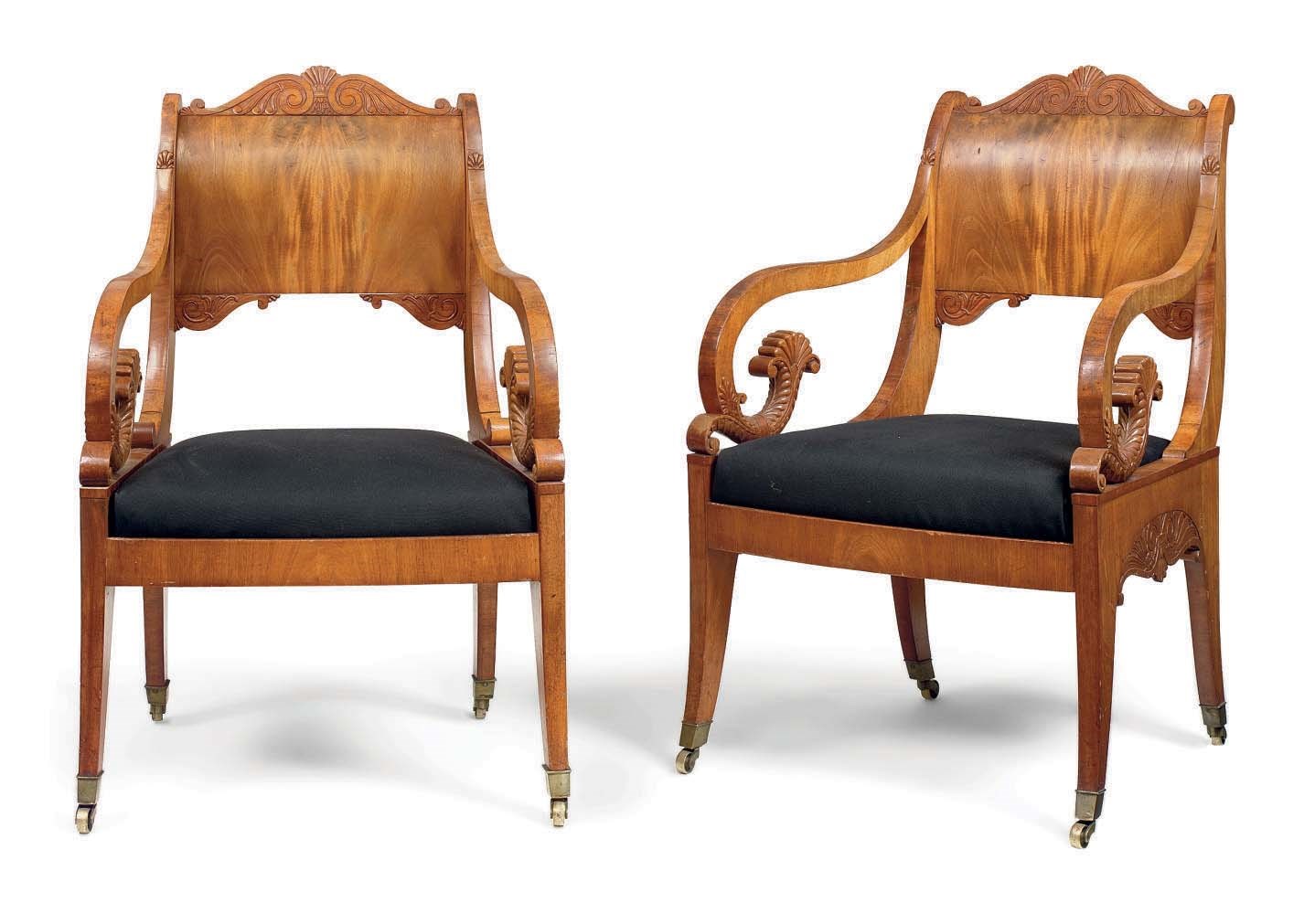 A PAIR OF RUSSIAN MAHOGANY OPEN ARMCHAIRS