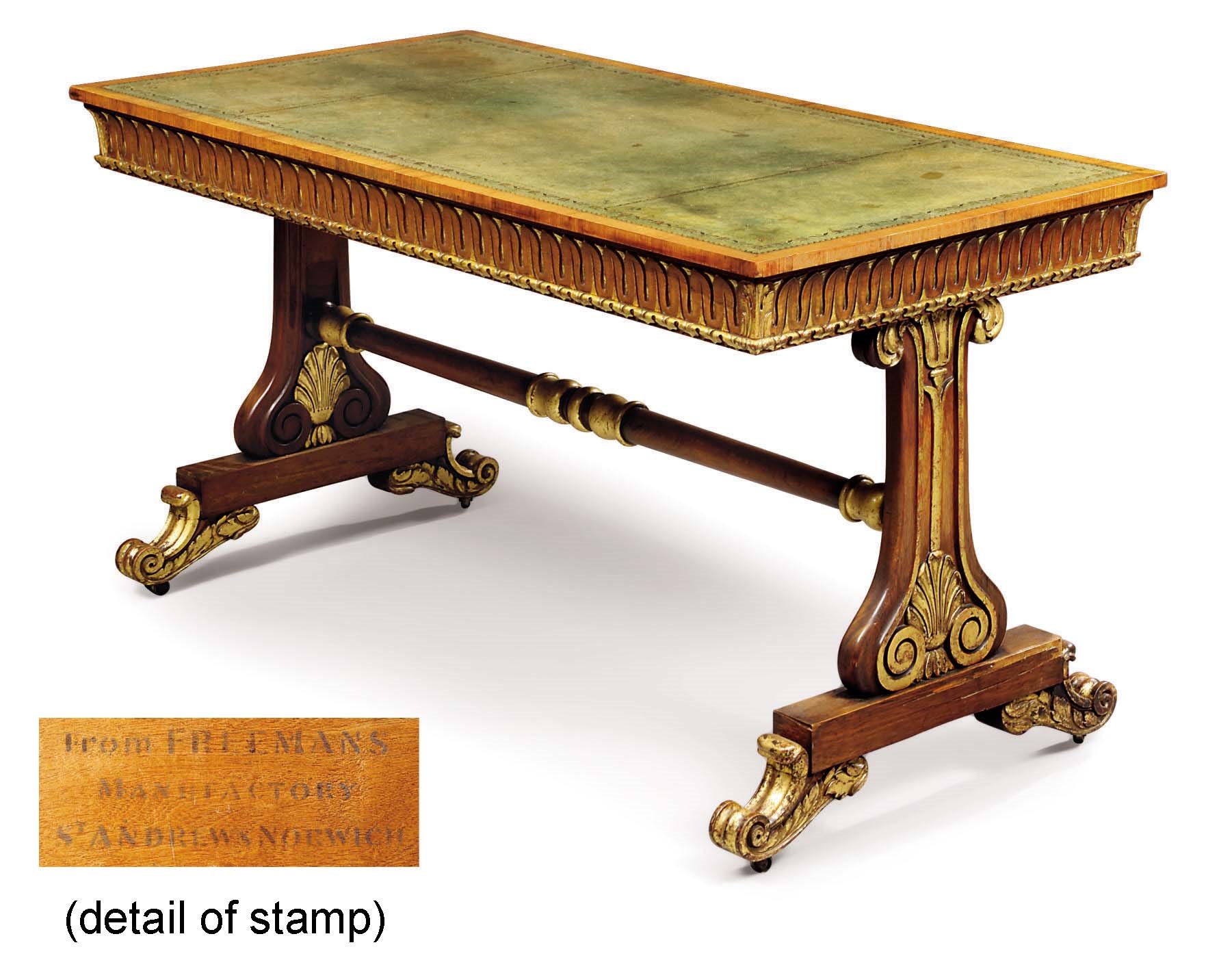 A GEORGE IV ROSEWOOD AND PARCEL-GILT WRITING-TABLE