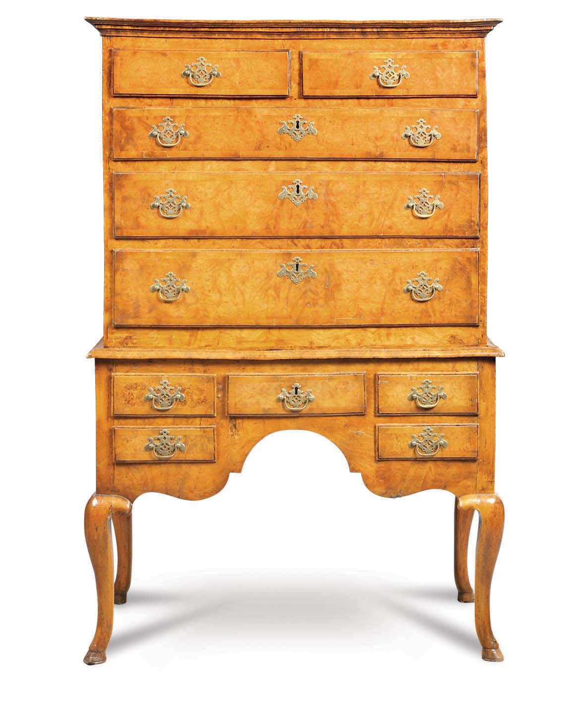 A GEORGE I BURR-WALNUT AND SOLID ELM CHEST-ON-STAND