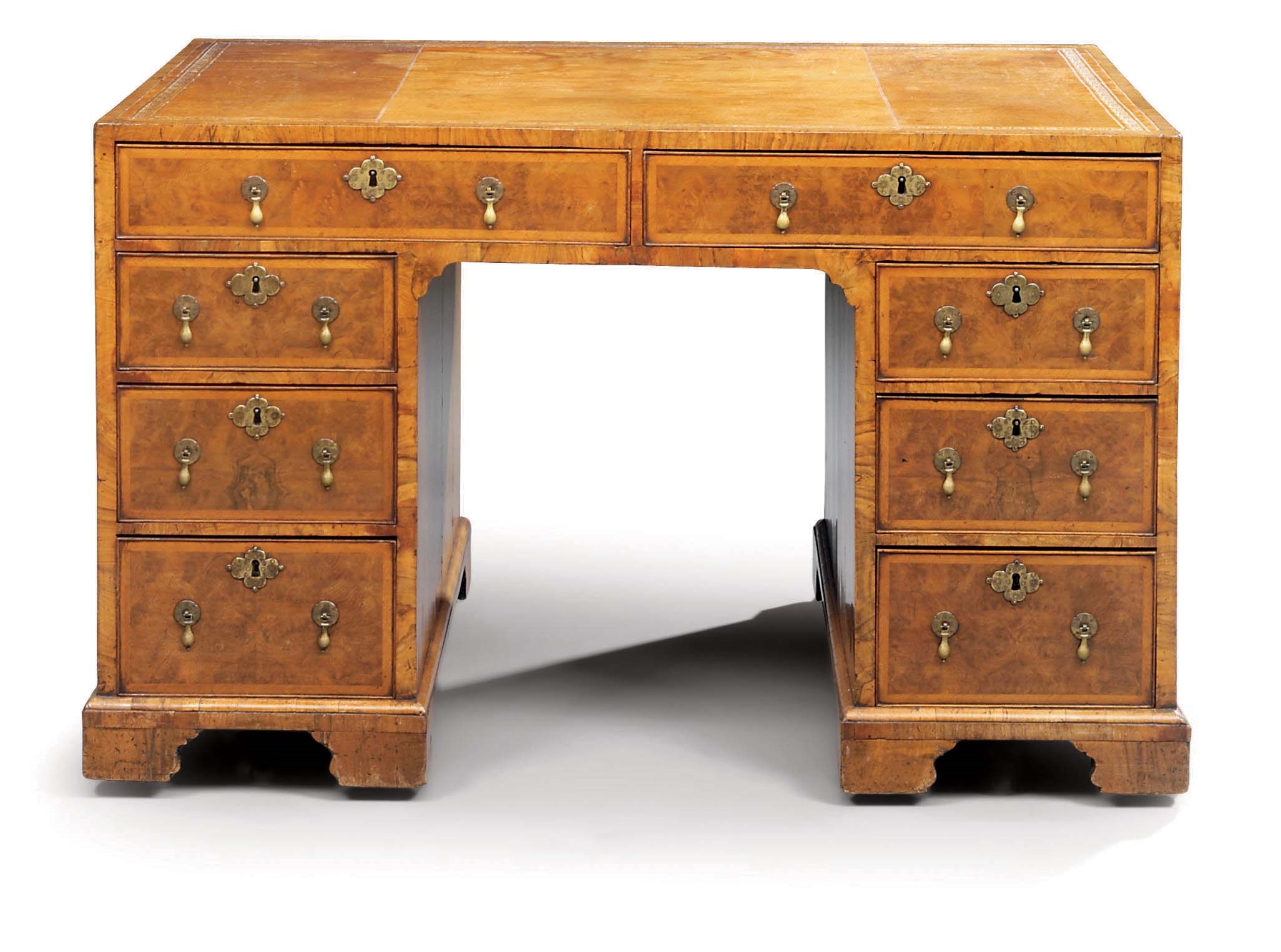 A GEORGE II BURR-WALNUT AND WALNUT PEDESTAL DESK