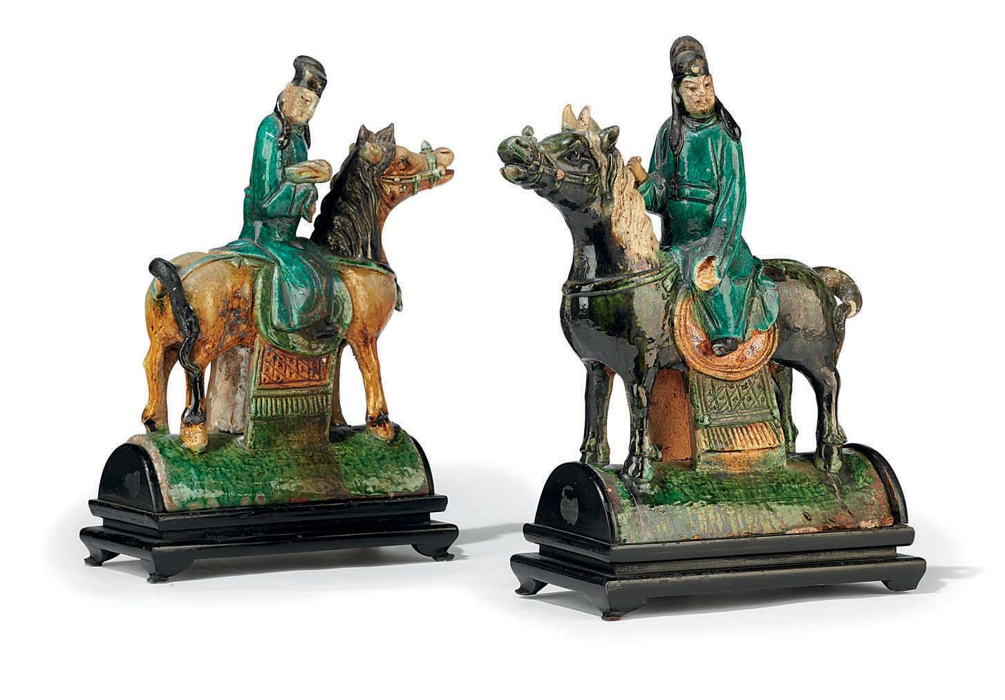 A MATCHED PAIR OF CHINESE POLYCHROME-GLAZED STONEWARE ORNAMENTAL ROOF TILES