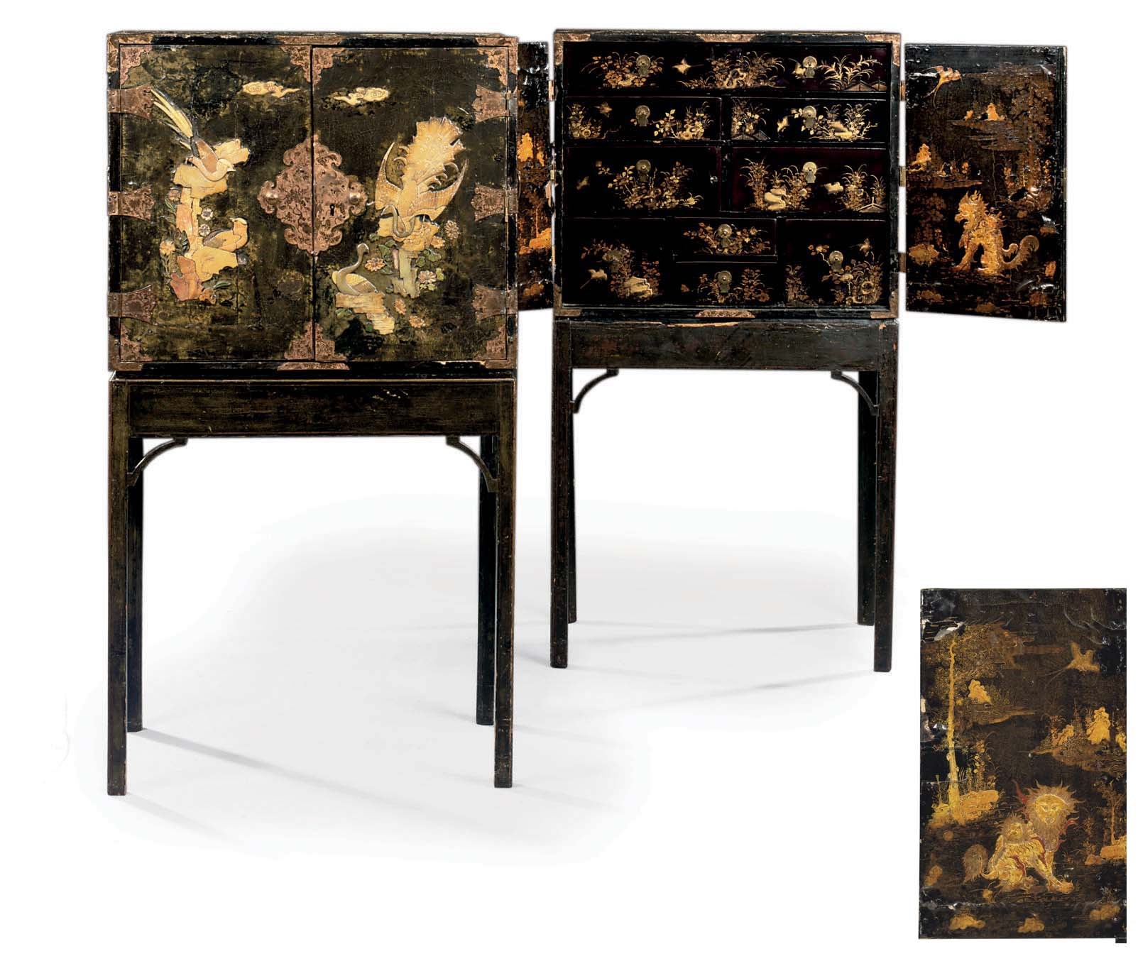 A PAIR OF CHINESE GILT-METAL MOUNTED AND POLYCHROME SOAPSTONE-INLAID BLACK LACQUER CABINETS-ON-STAND