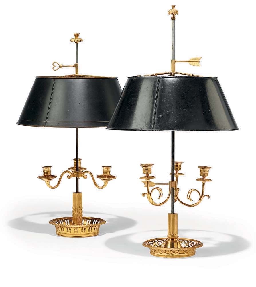 TWO FRENCH ORMOLU AND DARK GREEN TOLE LAMPE BOUILLOTTES