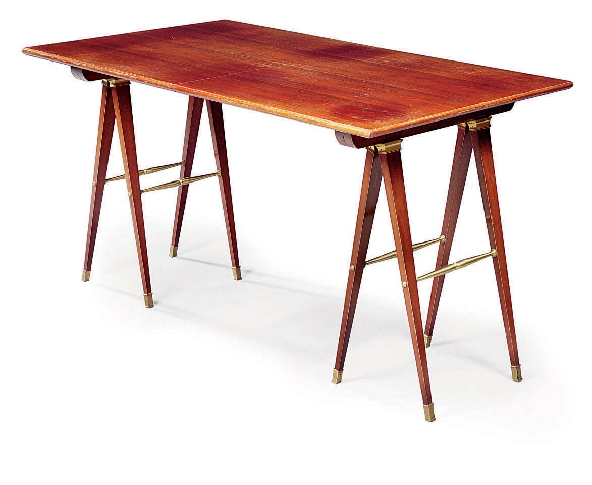 A FRENCH ORMOLU-MOUNTED MAHOGANY CAMPAIGN TRESTLE TABLE