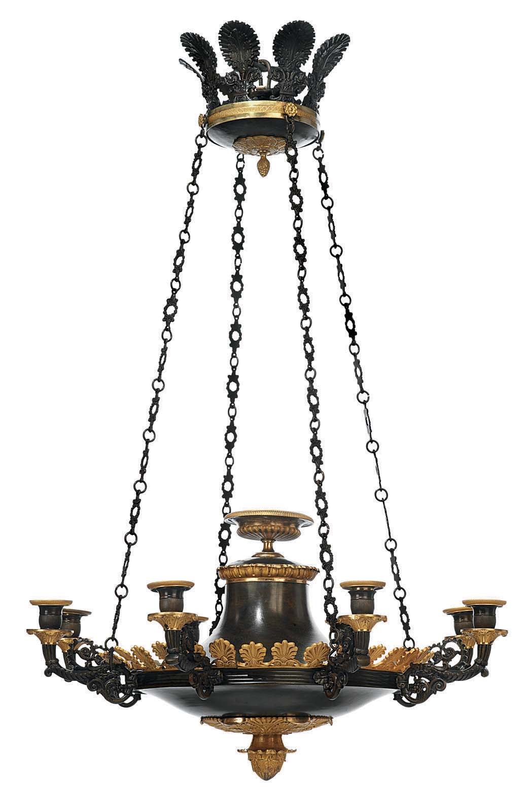 A FRENCH ORMOLU AND PATINATED BRONZE EIGHT-LIGHT CHANDELIER
