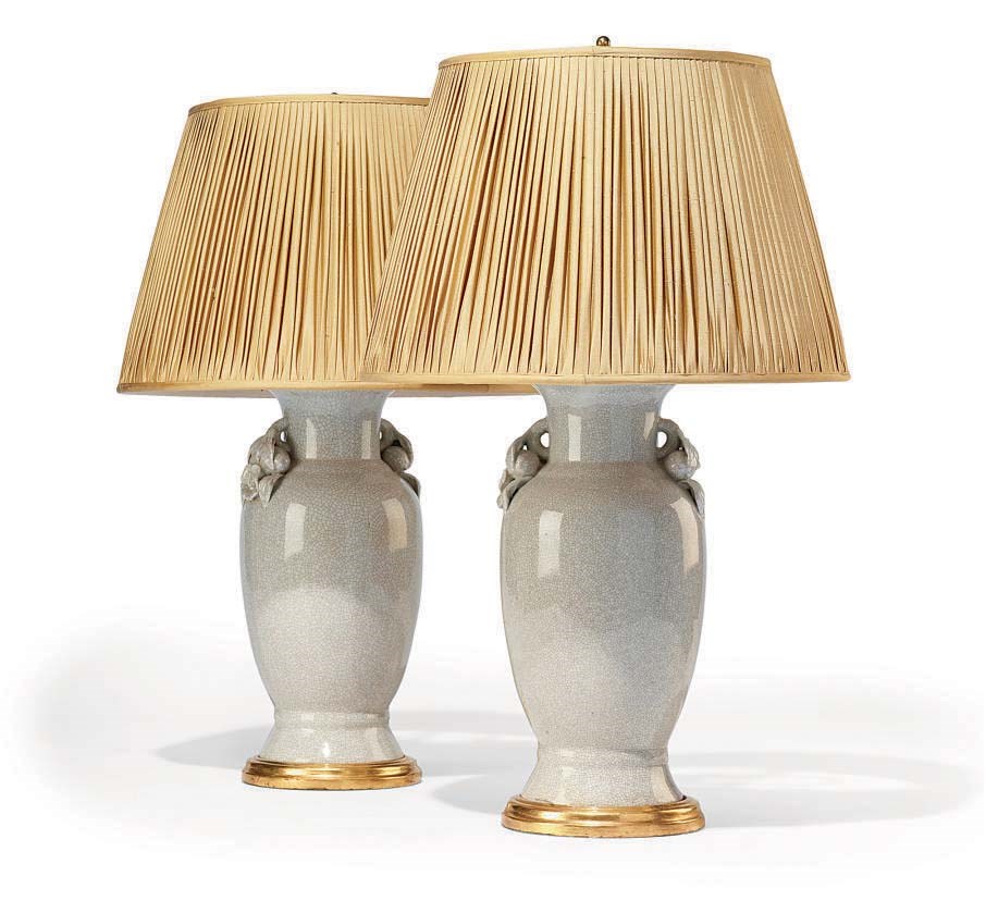 A PAIR OF CRACKLE-GLAZED PORCELAIN BALUSTER VASE LAMPS