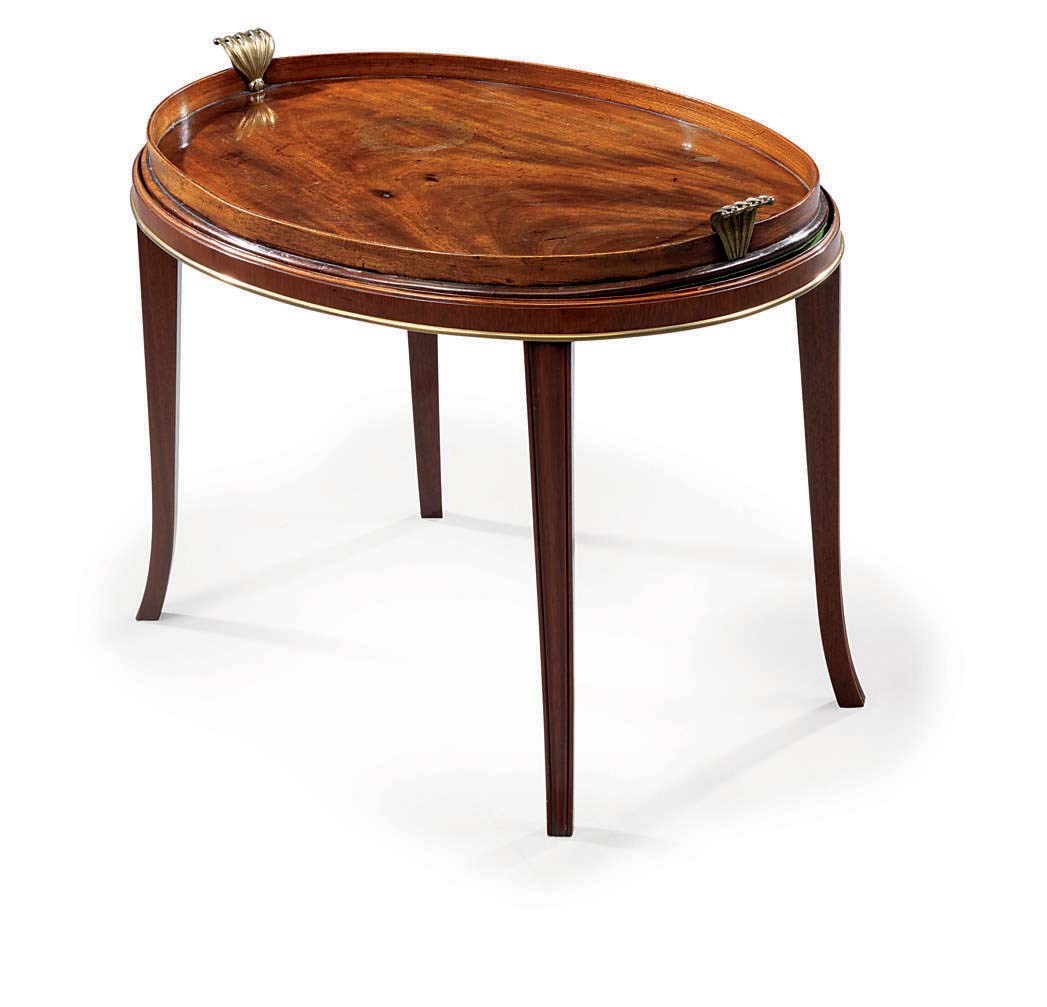 A GEORGE III MAHOGANY BRASS-MOUNTED OVAL TRAY