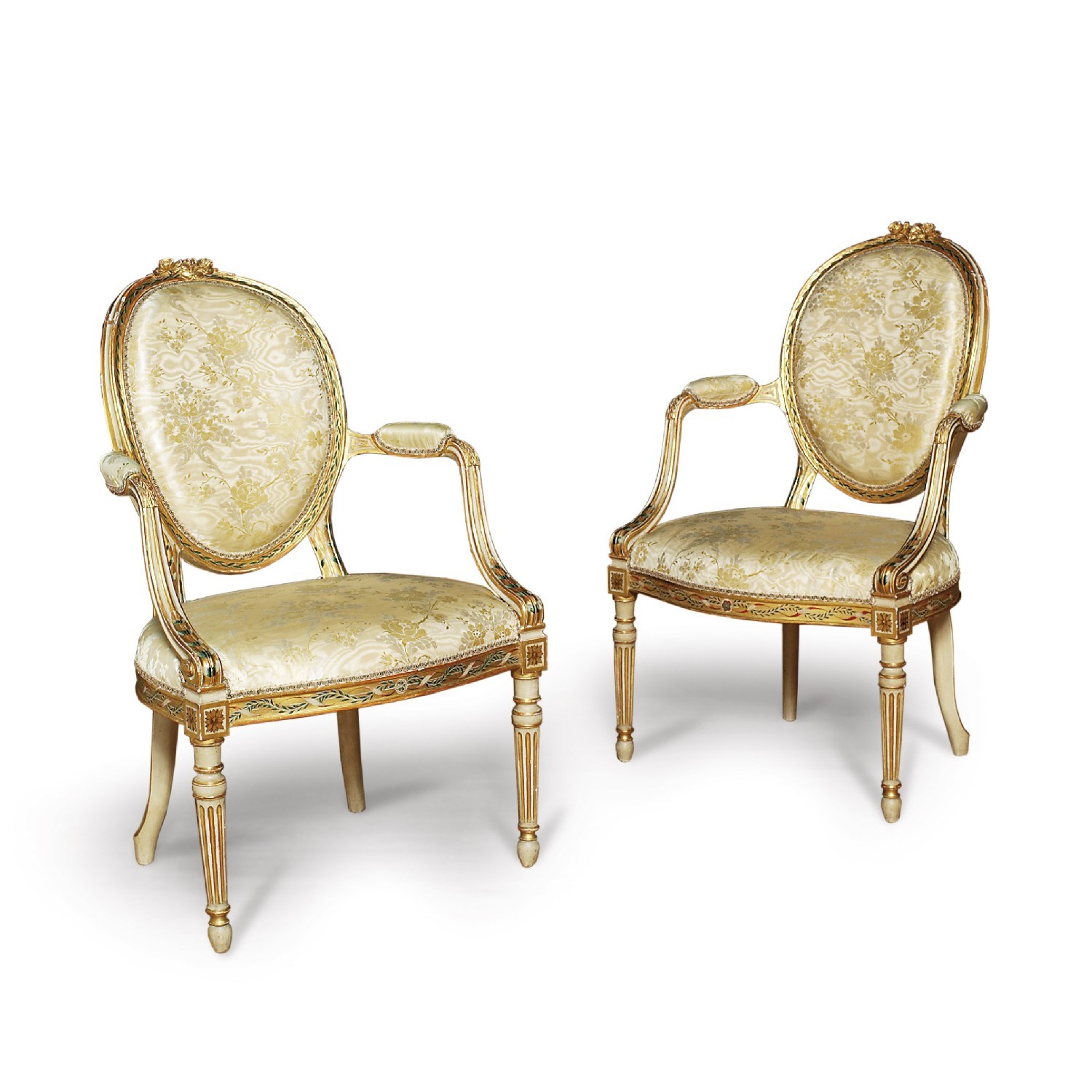 A PAIR OF GEORGE III CREAM AND POLYCHROME-PAINTED AND PARCEL-GILT ARMCHAIRS