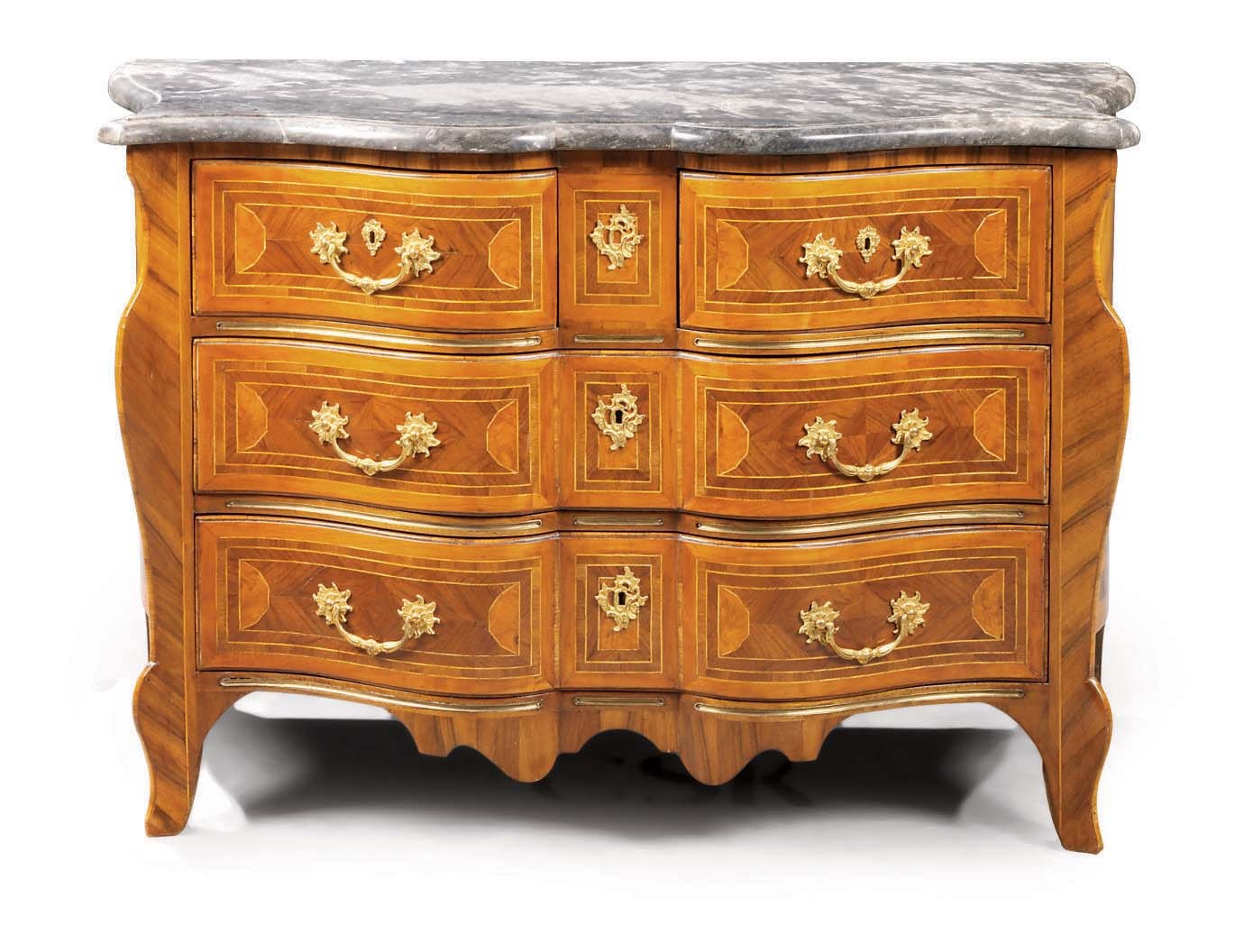 A FRENCH BRASS AND ORMOLU-MOUNTED WALNUT AND FRUITWOOD COMMODE