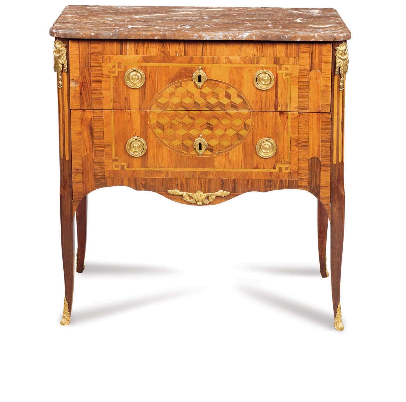 A LATE LOUIS XV ORMOLU-MOUNTED KINGWOOD, TULIPWOOD, MARQUETRY AND PARQUETRY COMMODE