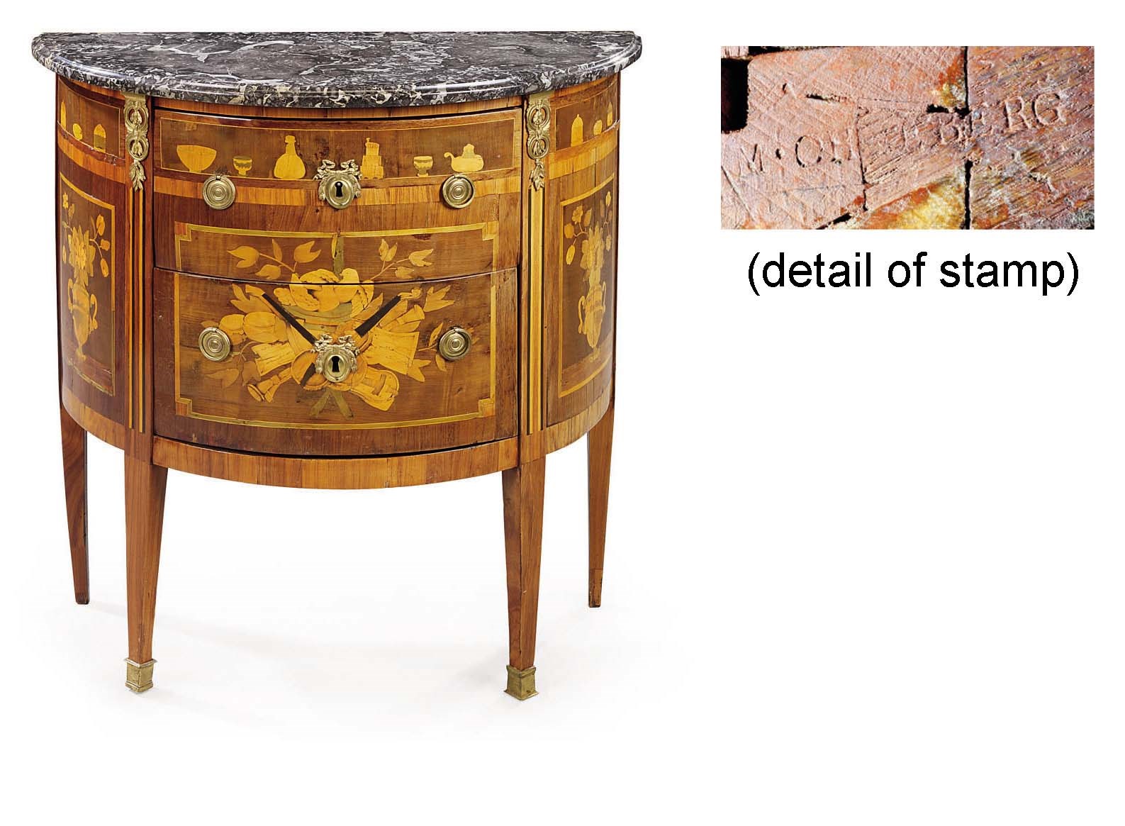 A LOUIS XVI ORMOLU-MOUNTED TULIPWOOD, AMARANTH, SYCAMORE AND MARQUETRY DEMI-LUNE COMMODE
