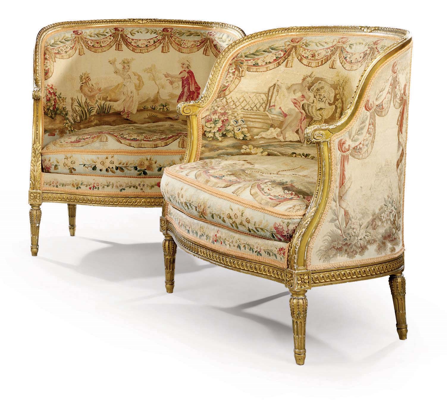 A PAIR OF FRENCH GILTWOOD AND AUBUSSON TAPESTRY SMALL CANAPES