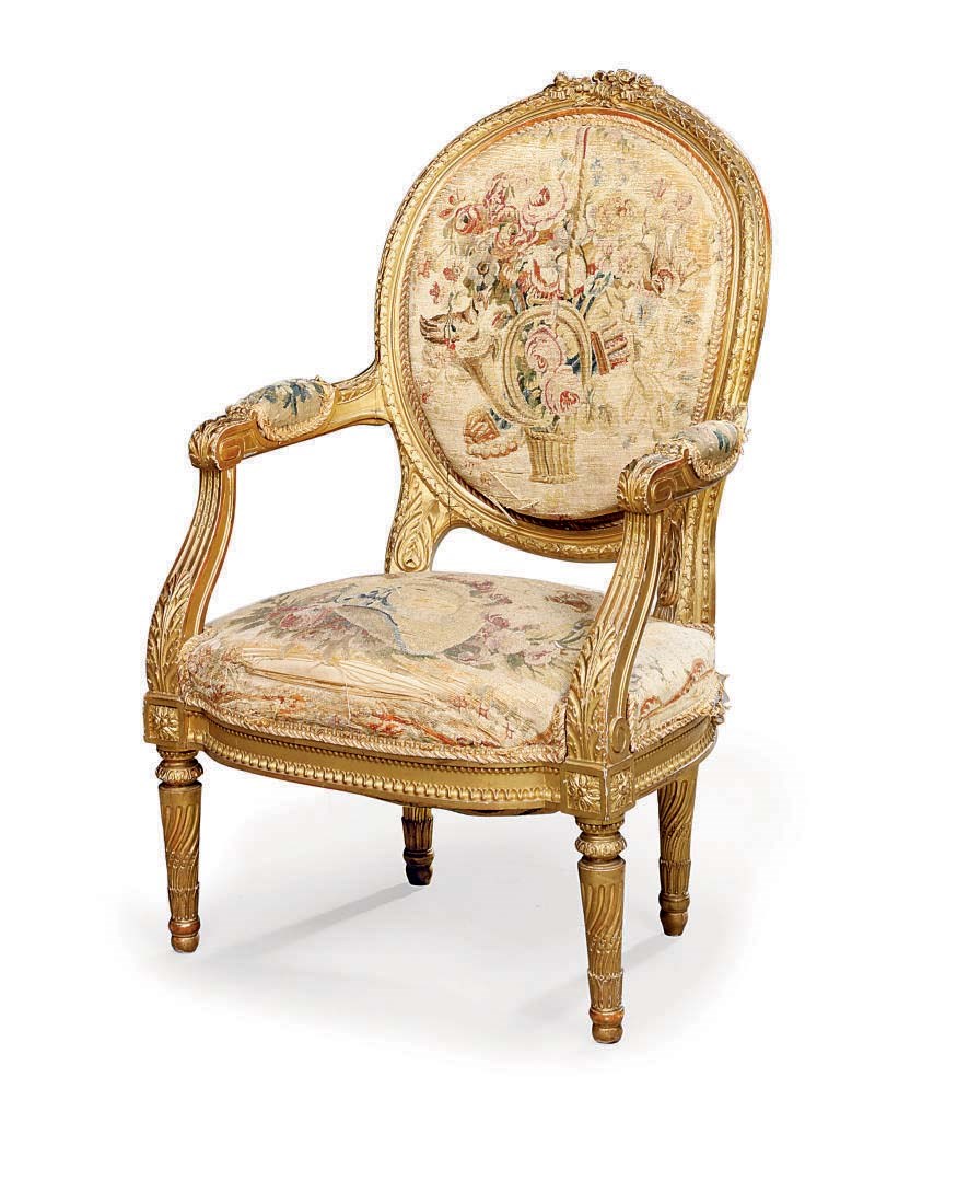 A FRENCH GILTWOOD AND AUBUSSON TAPESTRY CHILD'S FAUTEUIL