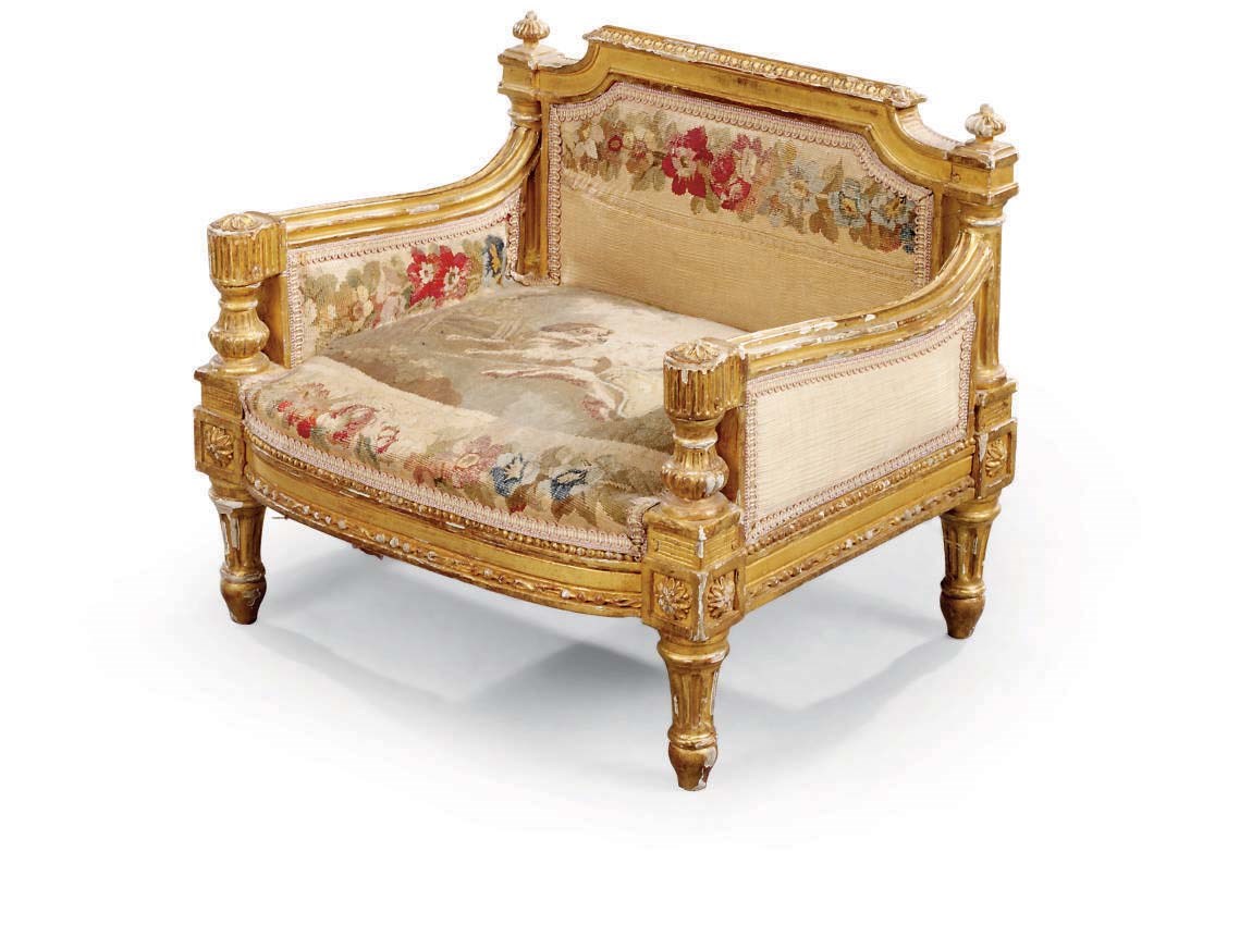 A LOUIS XVI GILTWOOD AND AUBUSSON TAPESTRY FOOT STOOL