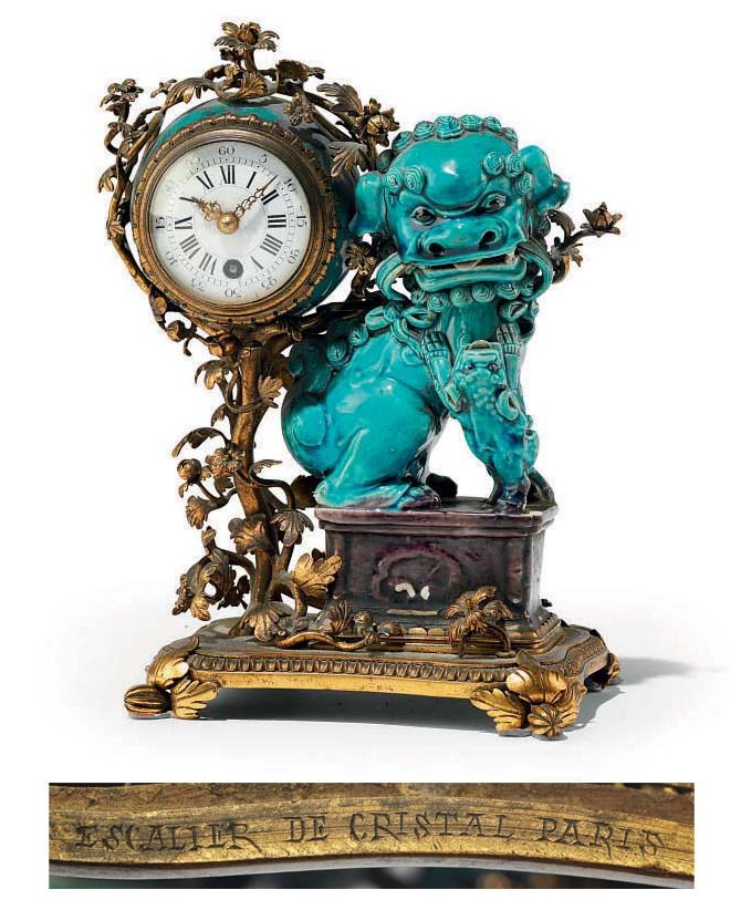 A FRENCH ORMOLU AND CHINESE TURQUOISE AND AUBERGINE GLAZED PORCELAIN TIMEPIECE