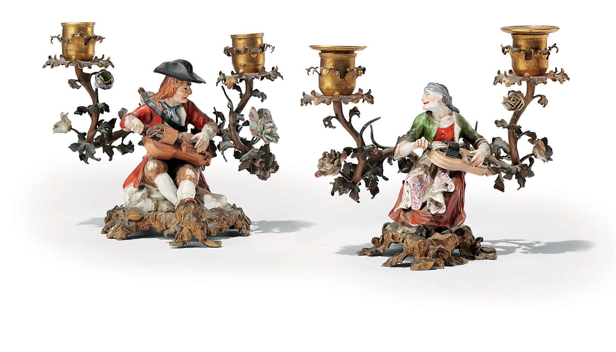 A PAIR OF FRENCH ORMOLU, TOLE AND MEISSEN PORCELAIN TWIN-LIGHT CANDELABRA