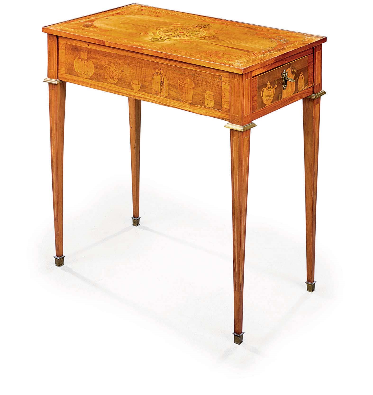 A LOUIS XVI PROVINCIAL TULIPWOOD, SYCAMORE AND MARQUETRY OCCASIONAL TABLE