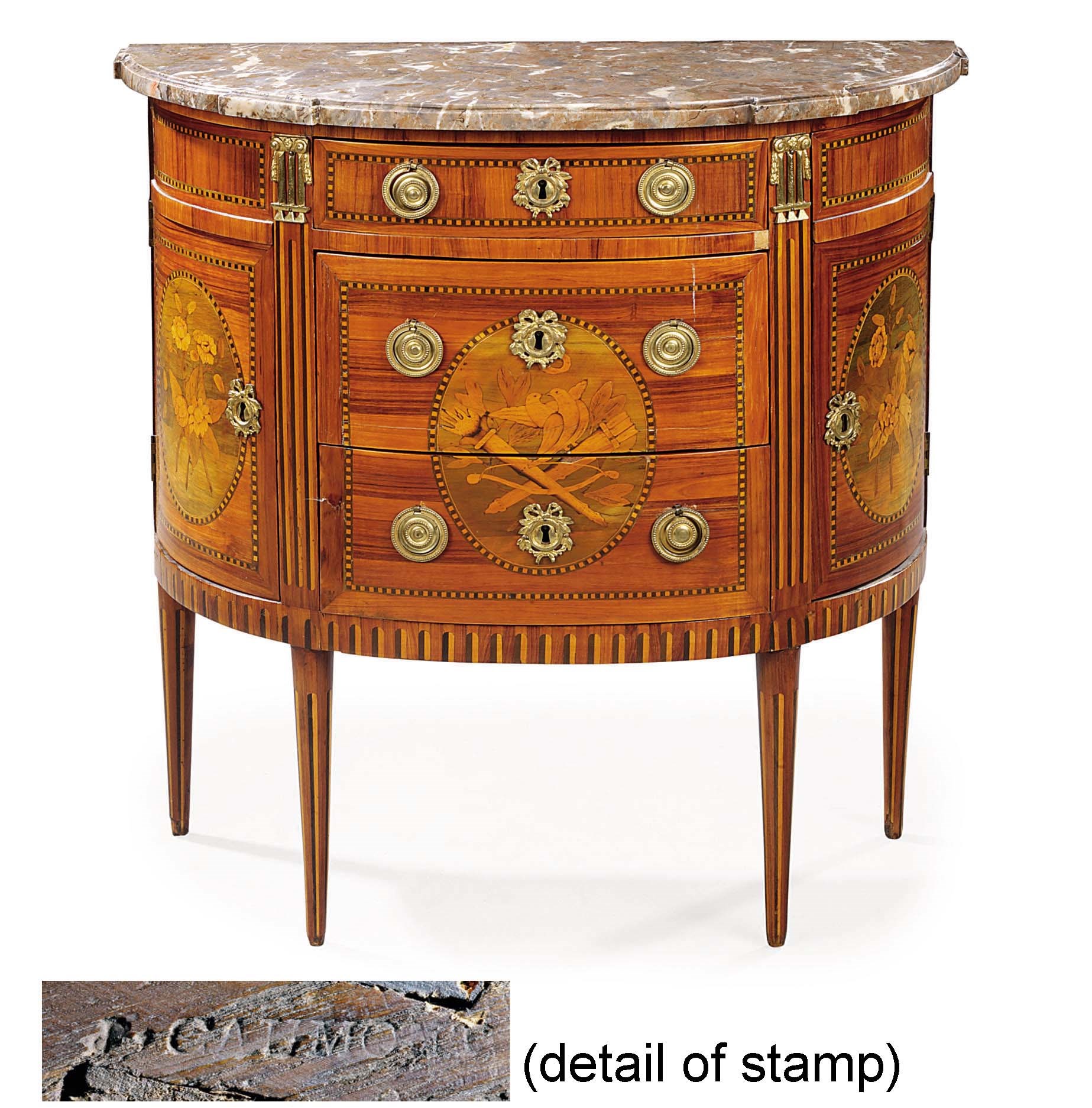 A LOUIS XVI ORMOLU-MOUNTED KINGWOOD, TULIPWOOD, SYCAMORE, AND MARQUETRY DEMI-LUNE COMMODE