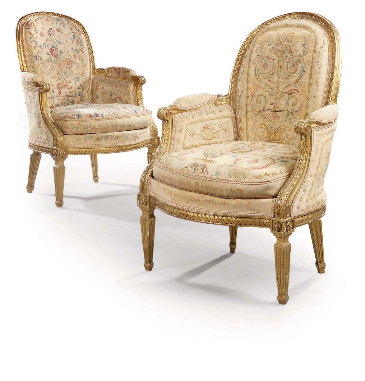 A PAIR OF FRENCH GILTWOOD AND AUBUSSON TAPESTRY BERGERES