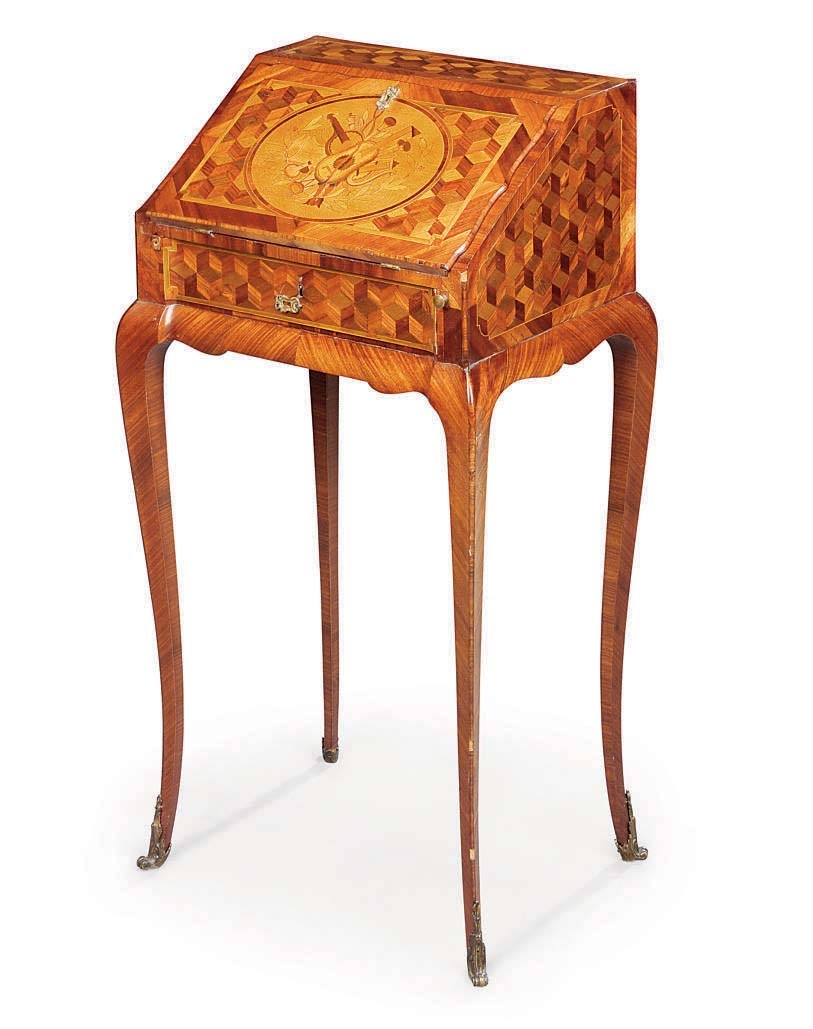 A FRENCH KINGWOOD, TULIPWOOD AND BOIS SATINE, MARQUETRY AND PARQUETRY SMALL BUREAU