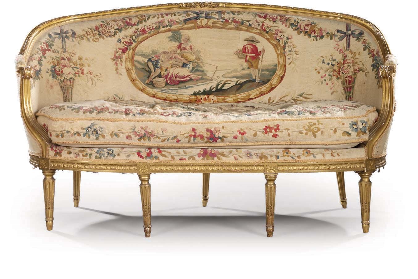 A FRENCH GILTWOOD AND AUBUSSON TAPESTRY CANAPE EN CORBEILLE