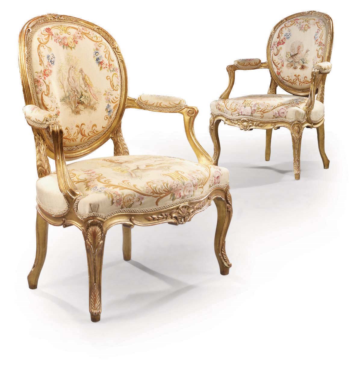 A PAIR OF FRENCH GILTWOOD AND AUBUSSON TAPESTRY FAUTEUILS