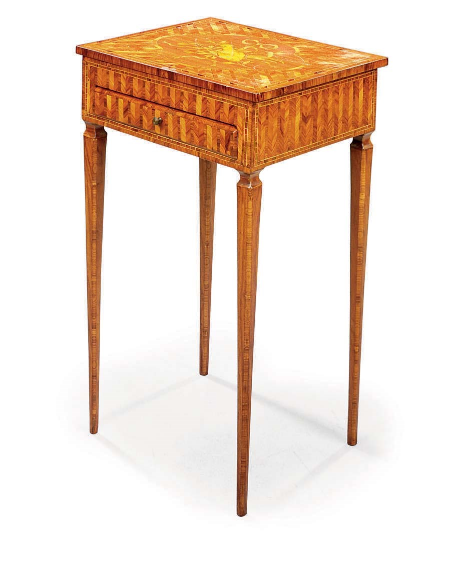 A LOUIS XVI PROVINCIAL TULIPWOOD, KINGWOOD, MARQUETRY AND PARQUETRY WORK-TABLE