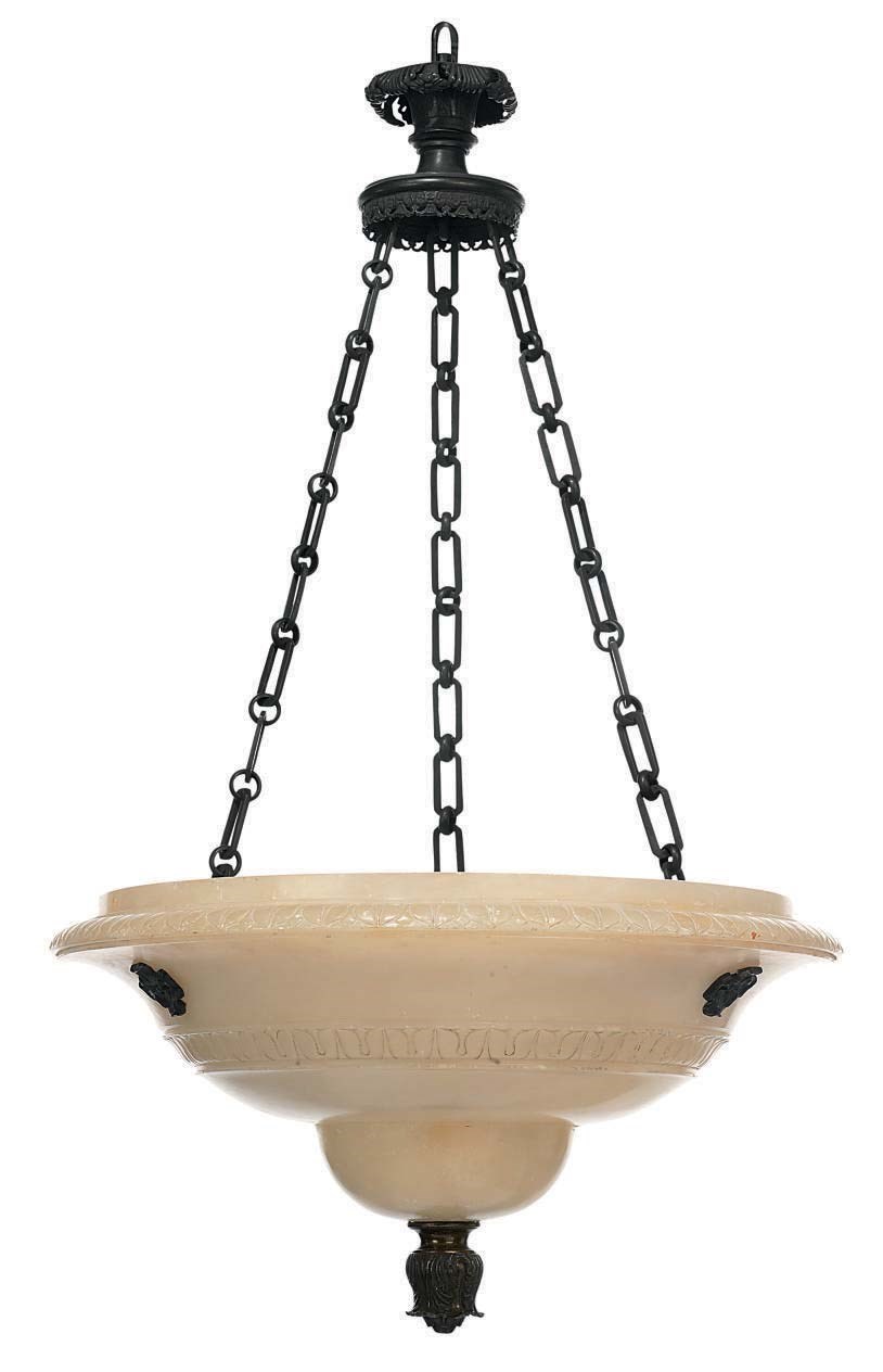 AN ALABASTER AND BRONZE HANGING DISH LIGHT