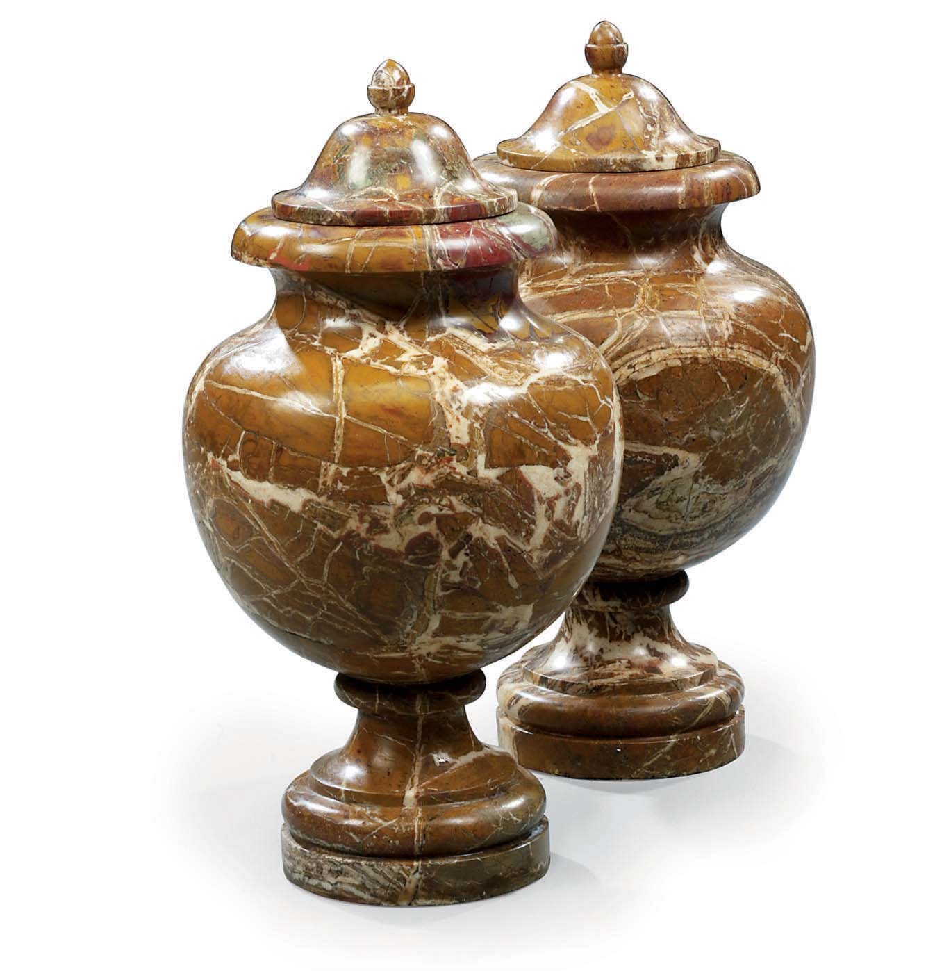 A PAIR OF SICILIAN JASPER VASES WITH COVERS