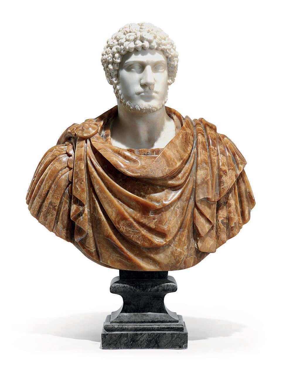 A CARVED ALABASTER AND MARBLE BUST OF A ROMAN EMPEROR, PROBABLY CARACALLA
