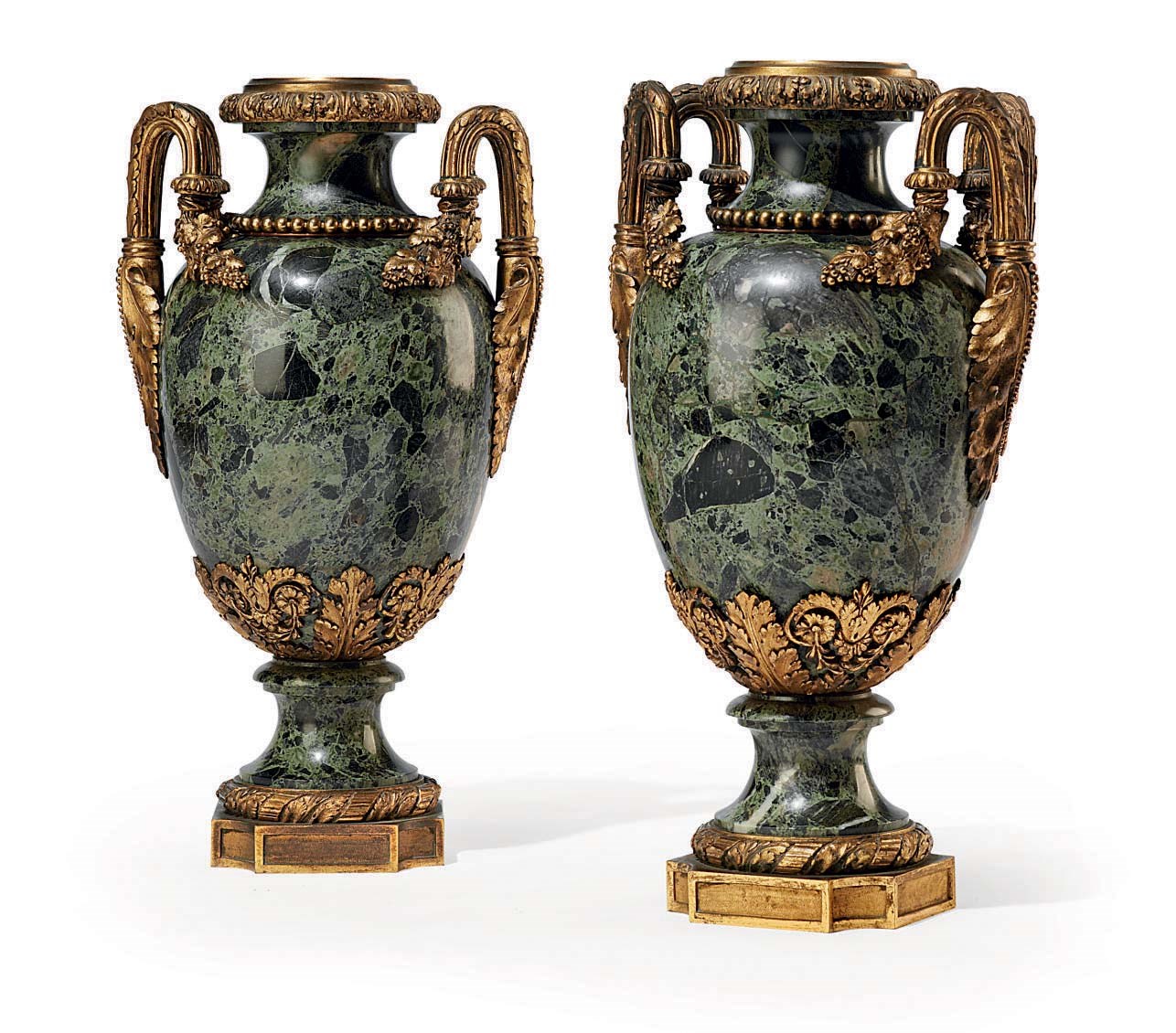 A PAIR OF FRENCH ORMOLU-MOUNTED VERDE ANTICO MARBLE VASES