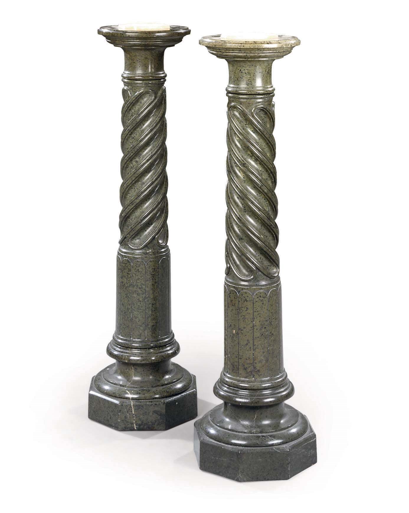 A PAIR OF GREEN SERPENTINE PEDESTALS