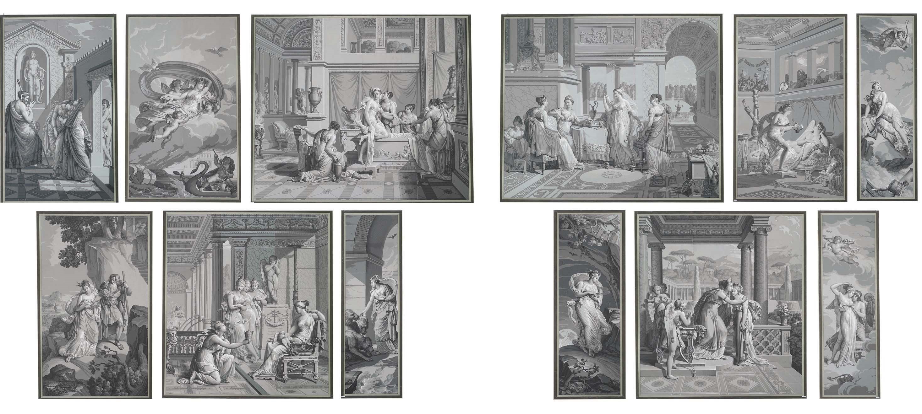 A SET OF TWELVE FRENCH GRISAILLE WALLPAPER PANELS